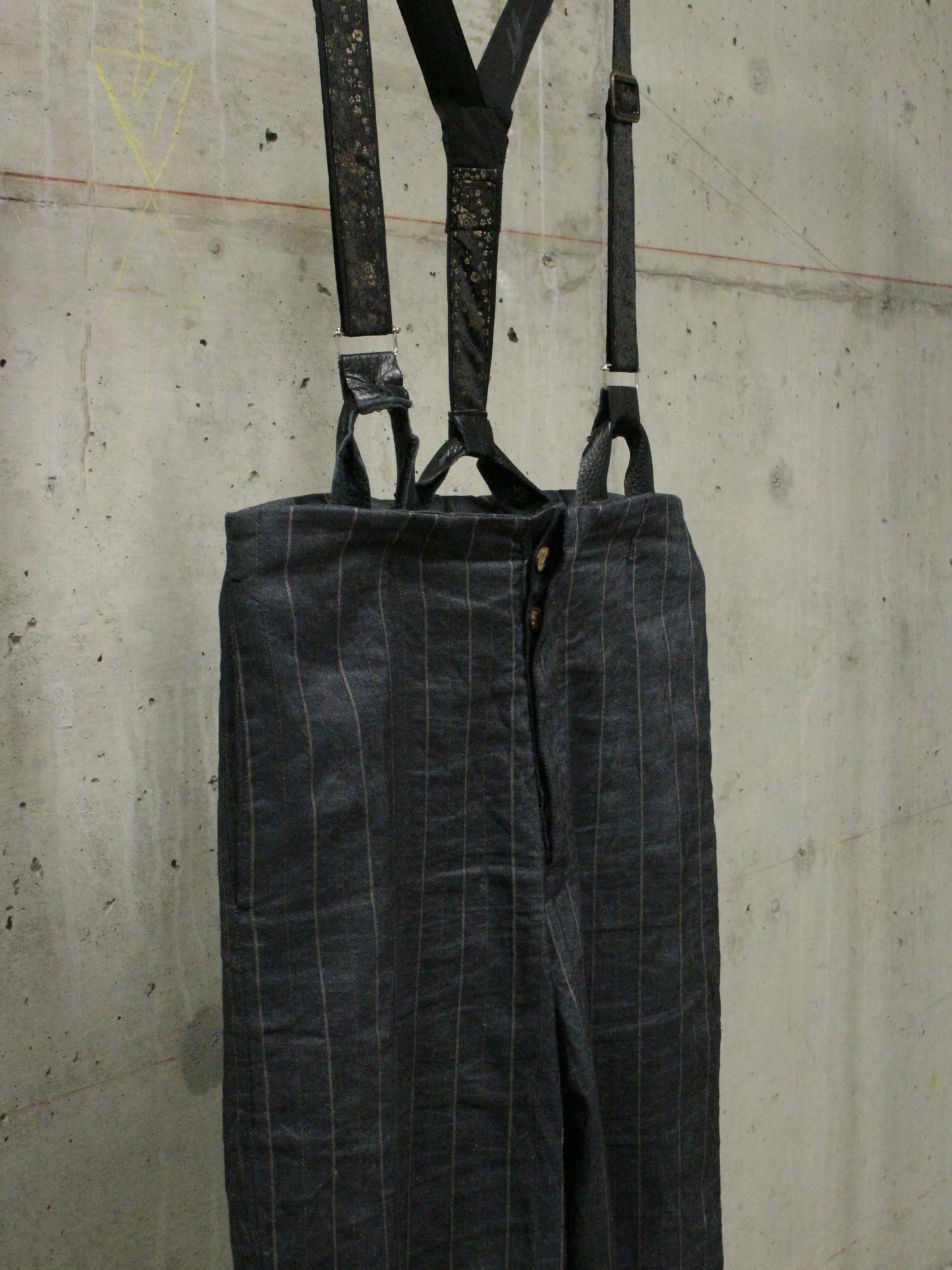 Geoffrey B. Small 2010s Exclusive for Da ZoO° Linen Pinstripe Wide Leg Suspender Trousers