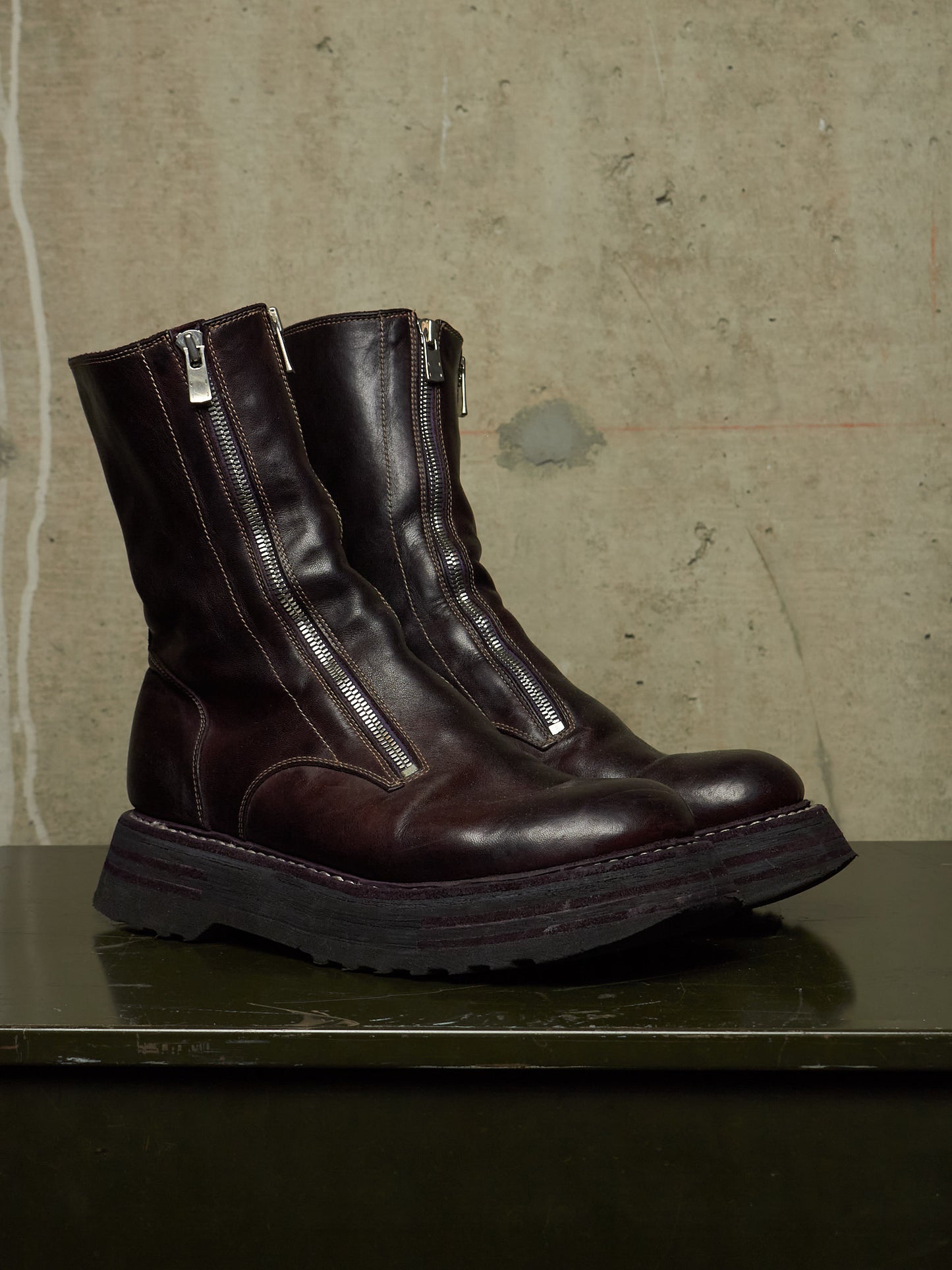 GUIDI x Amanojak AW23-24 '525V P151T' Dark Aubergine Chunky Dual Front Zip Horse Leather Boots