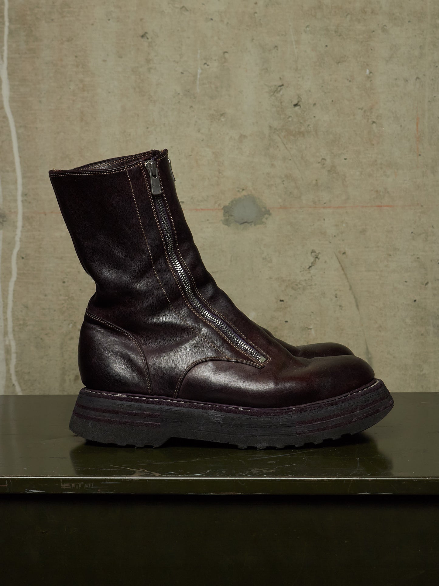 GUIDI x Amanojak AW23-24 '525V P151T' Dark Aubergine Chunky Dual Front Zip Horse Leather Boots