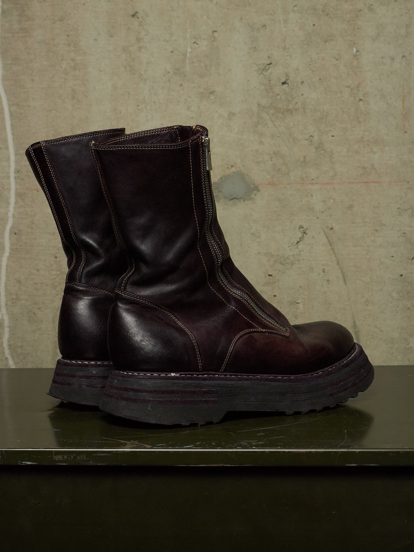 GUIDI x Amanojak AW23-24 '525V P151T' Dark Aubergine Chunky Dual Front Zip Horse Leather Boots