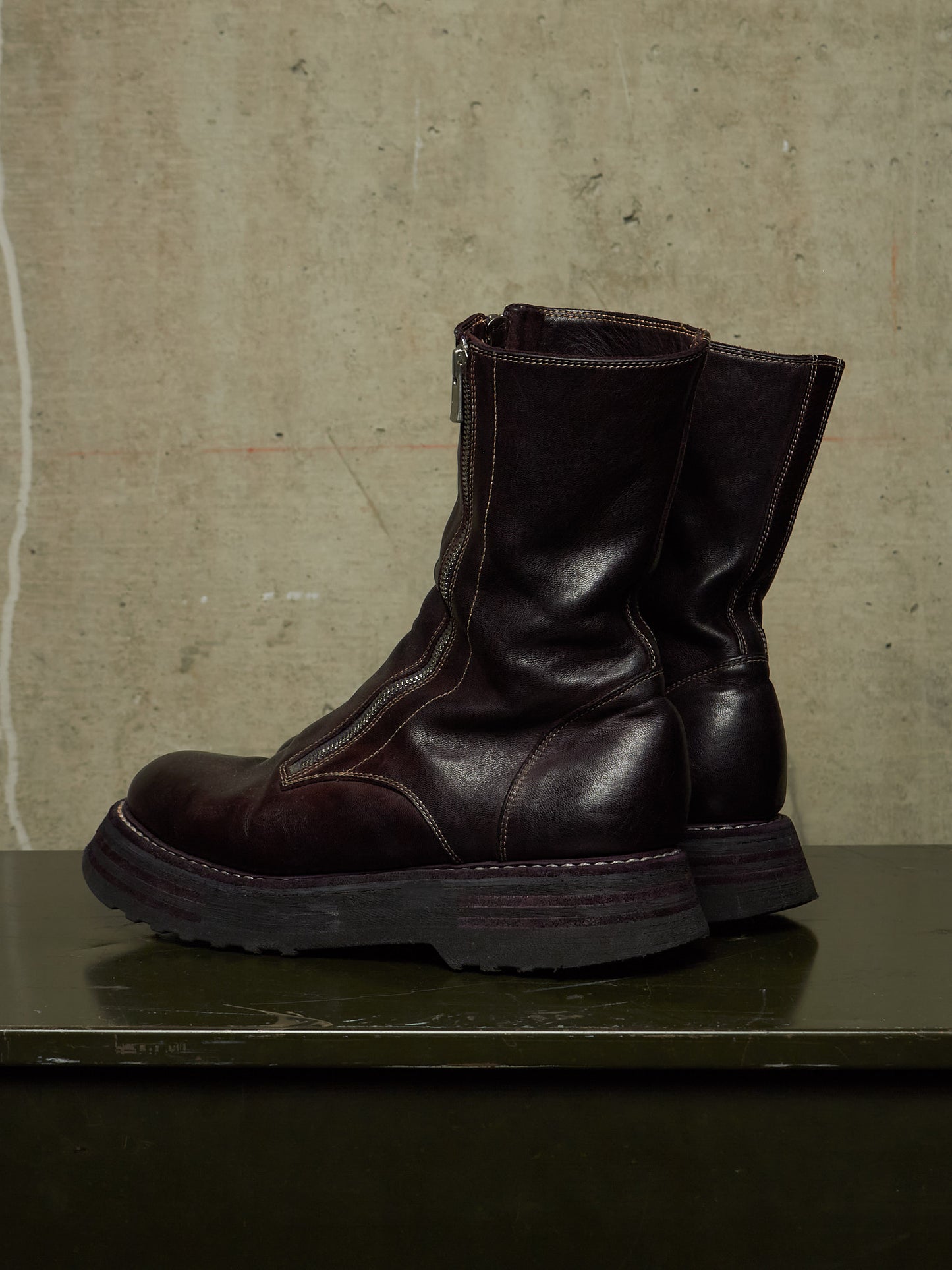 GUIDI x Amanojak AW23-24 '525V P151T' Dark Aubergine Chunky Dual Front Zip Horse Leather Boots