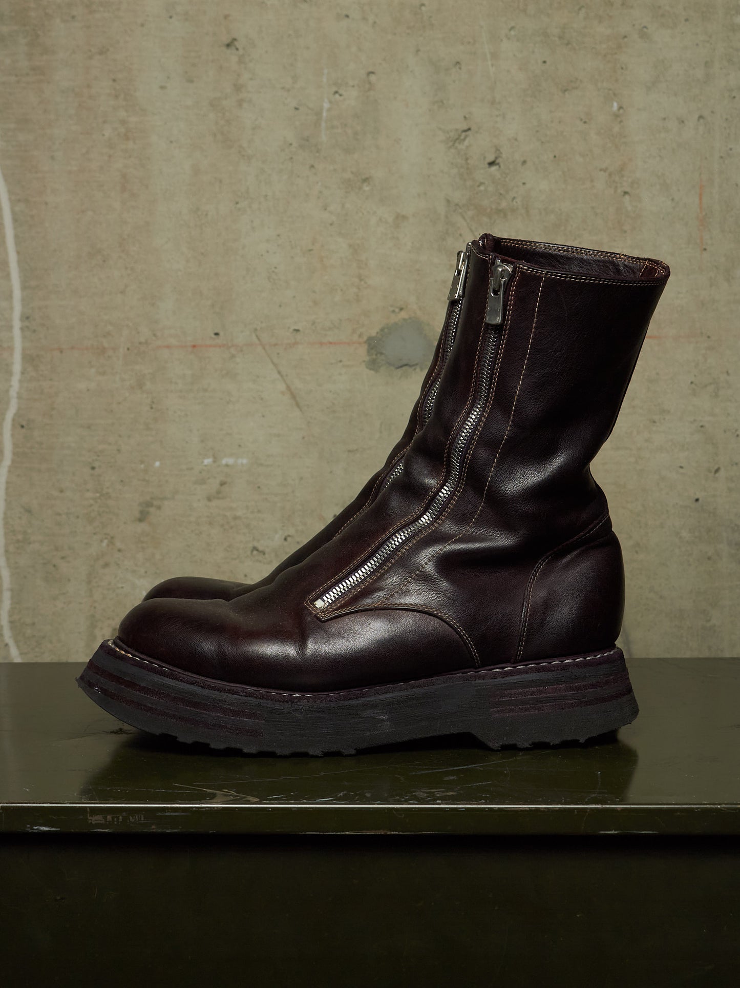 GUIDI x Amanojak AW23-24 '525V P151T' Dark Aubergine Chunky Dual Front Zip Horse Leather Boots