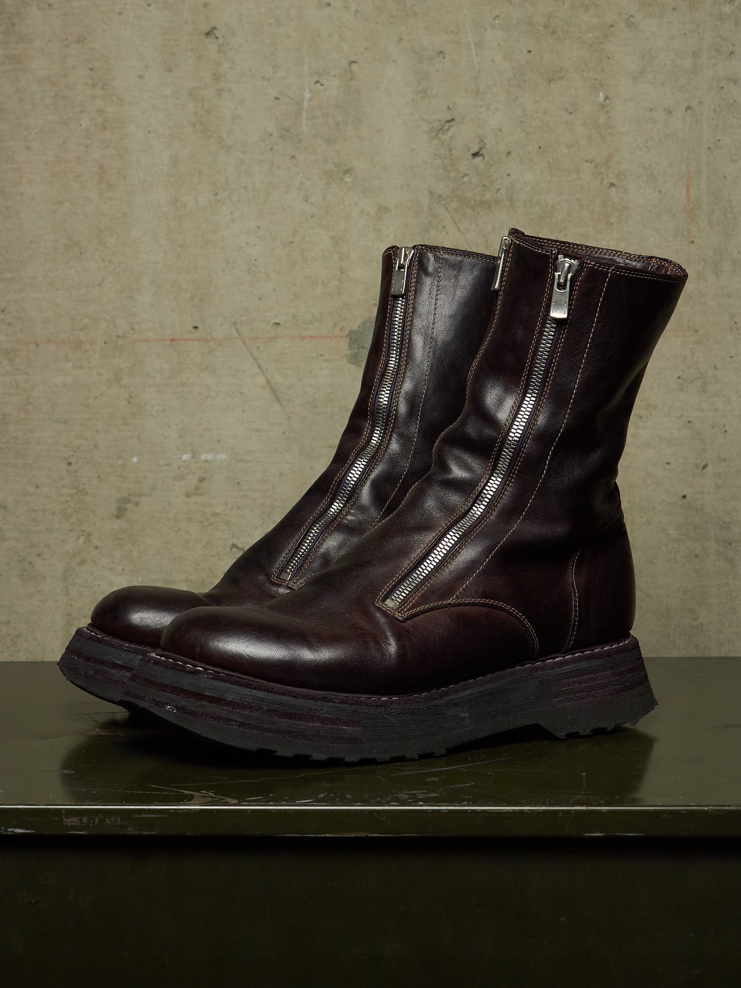 GUIDI x Amanojak AW23-24 '525V P151T' Dark Aubergine Chunky Dual Front Zip Horse Leather Boots