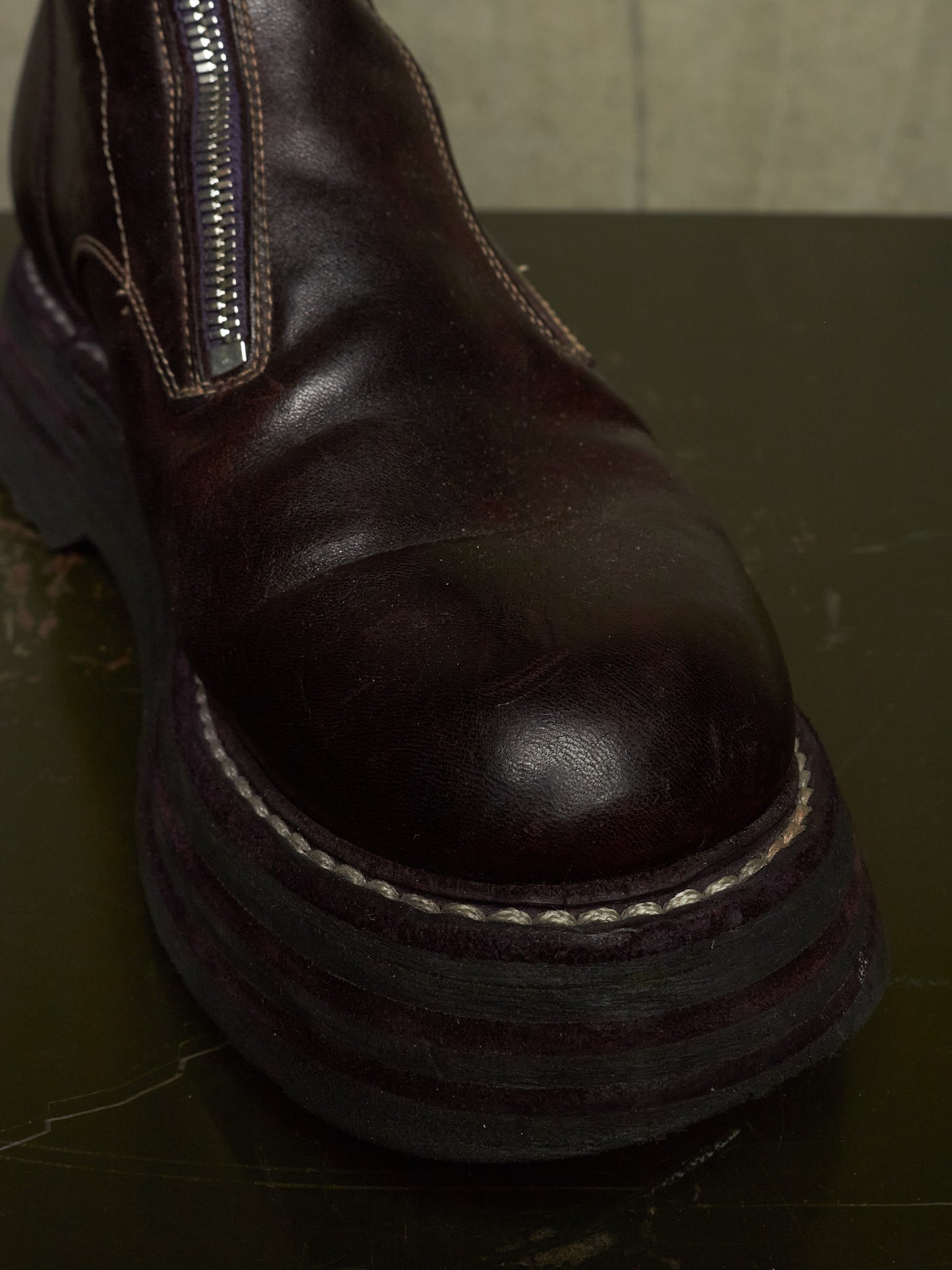 GUIDI x Amanojak AW23-24 '525V P151T' Dark Aubergine Chunky Dual Front Zip Horse Leather Boots