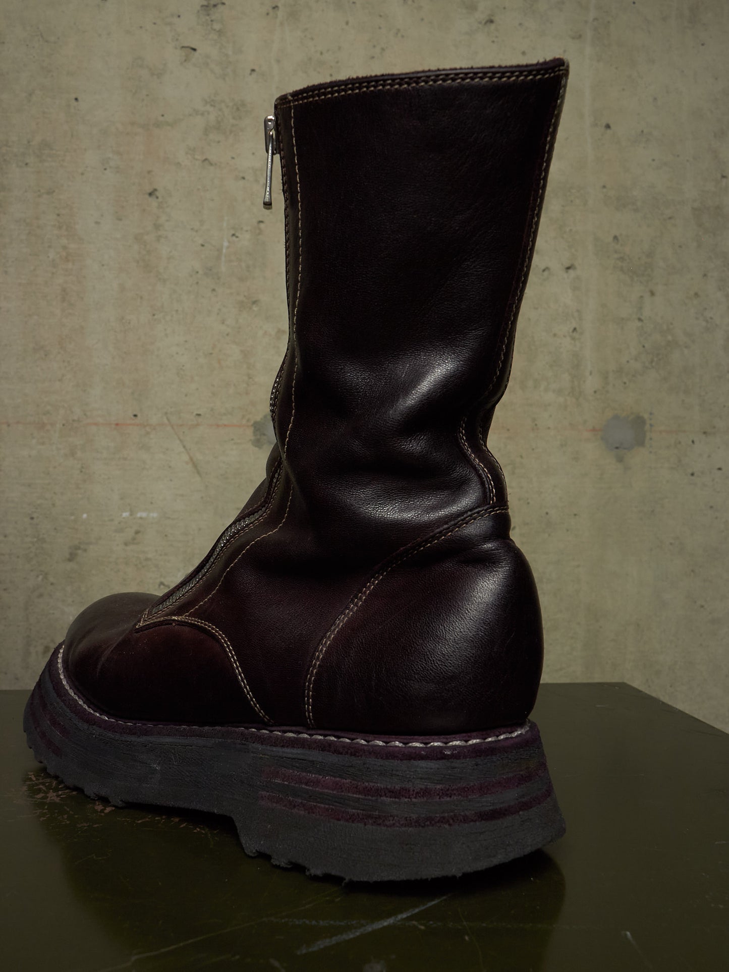 GUIDI x Amanojak AW23-24 '525V P151T' Dark Aubergine Chunky Dual Front Zip Horse Leather Boots