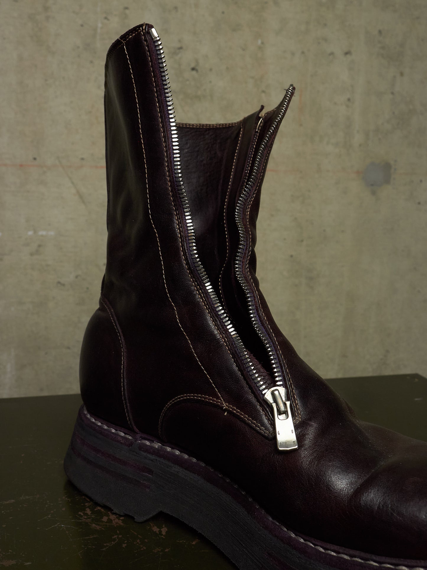 GUIDI x Amanojak AW23-24 '525V P151T' Dark Aubergine Chunky Dual Front Zip Horse Leather Boots