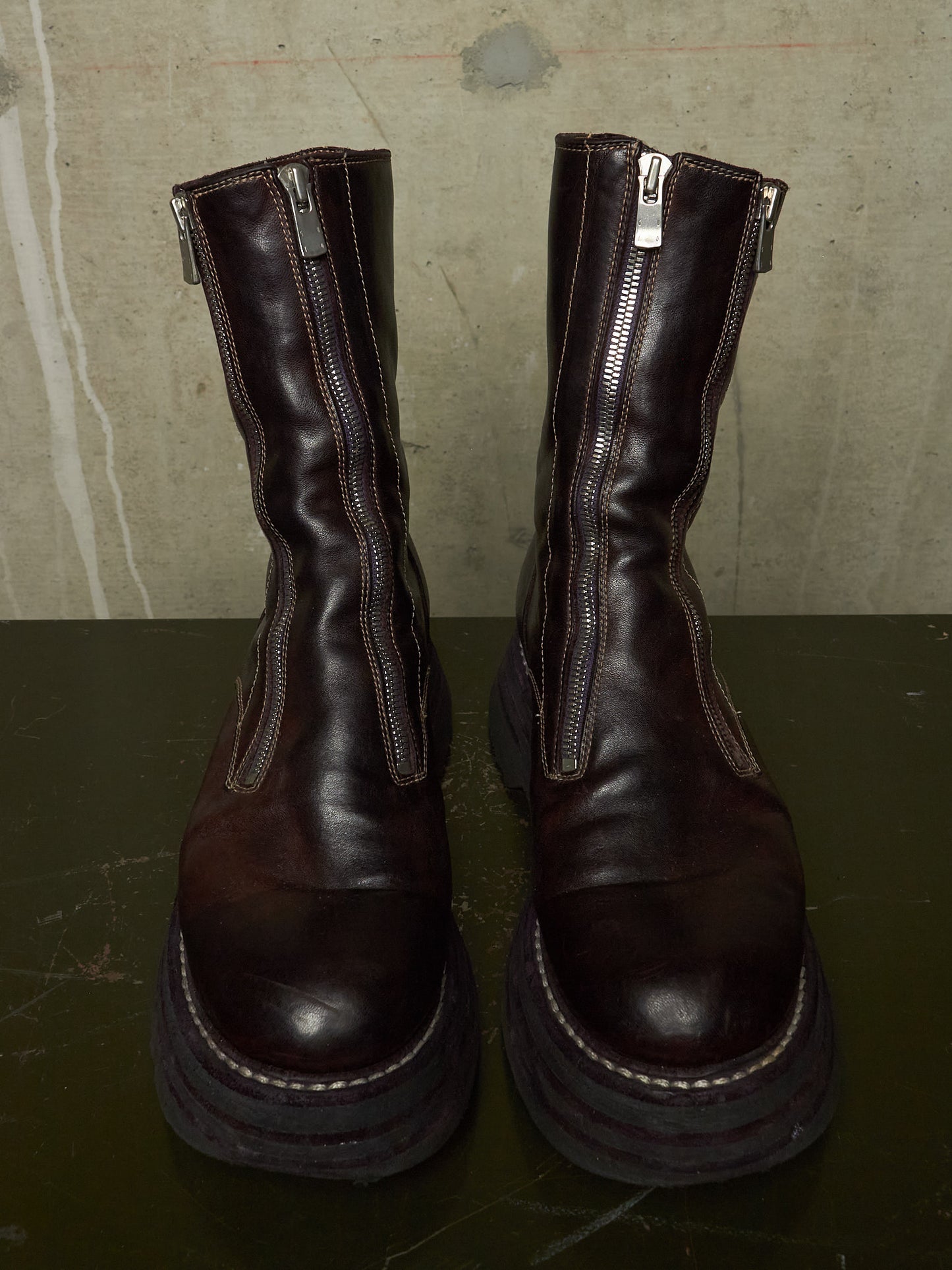 GUIDI x Amanojak AW23-24 '525V P151T' Dark Aubergine Chunky Dual Front Zip Horse Leather Boots