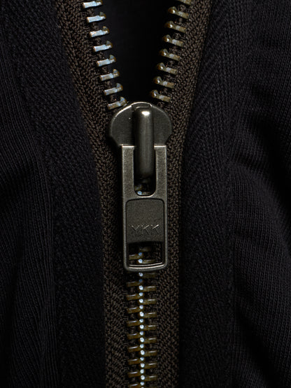 Close-up of a black ribbed knit zippered garment with a dark metallic zipper pull and teeth.