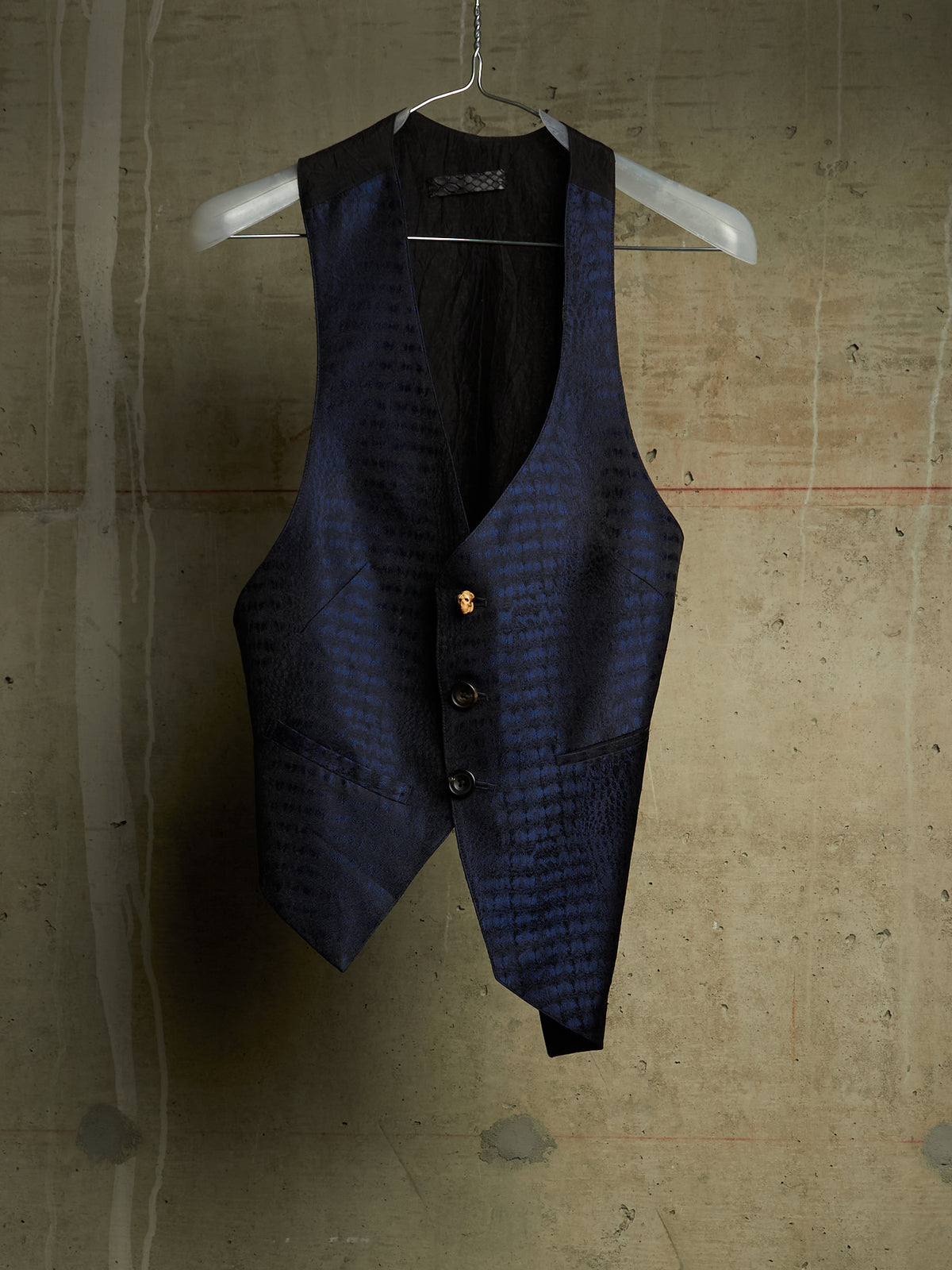 IfSixWasNine Early 00s 'NO. SLIP VEST+SKL 2120T0' Midnight Blue Silk Jacquard Skull Button Vest