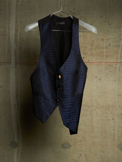 IfSixWasNine Early 00s 'NO. SLIP VEST+SKL 2120T0' Midnight Blue Silk Jacquard Skull Button Vest