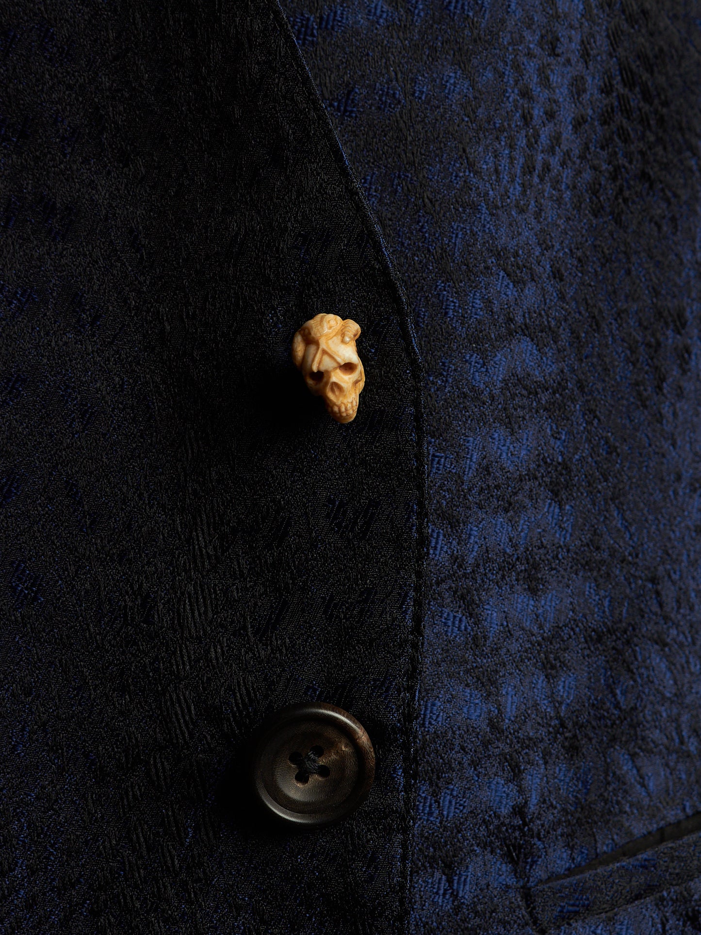 IfSixWasNine Early 00s 'NO. SLIP VEST+SKL 2120T0' Midnight Blue Silk Jacquard Skull Button Vest