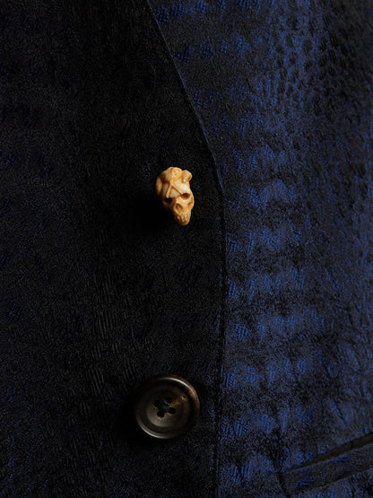 IfSixWasNine Early 00s 'NO. SLIP VEST+SKL 2120T0' Midnight Blue Silk Jacquard Skull Button Vest