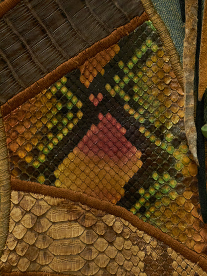 Close-up of a textured fabric patch with geometric patterns in earthy tones.