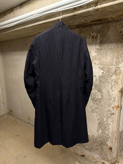 Masnada Frayed Pinstripe Peak Lapel Long Coat detail | DRIEW GARMENTS