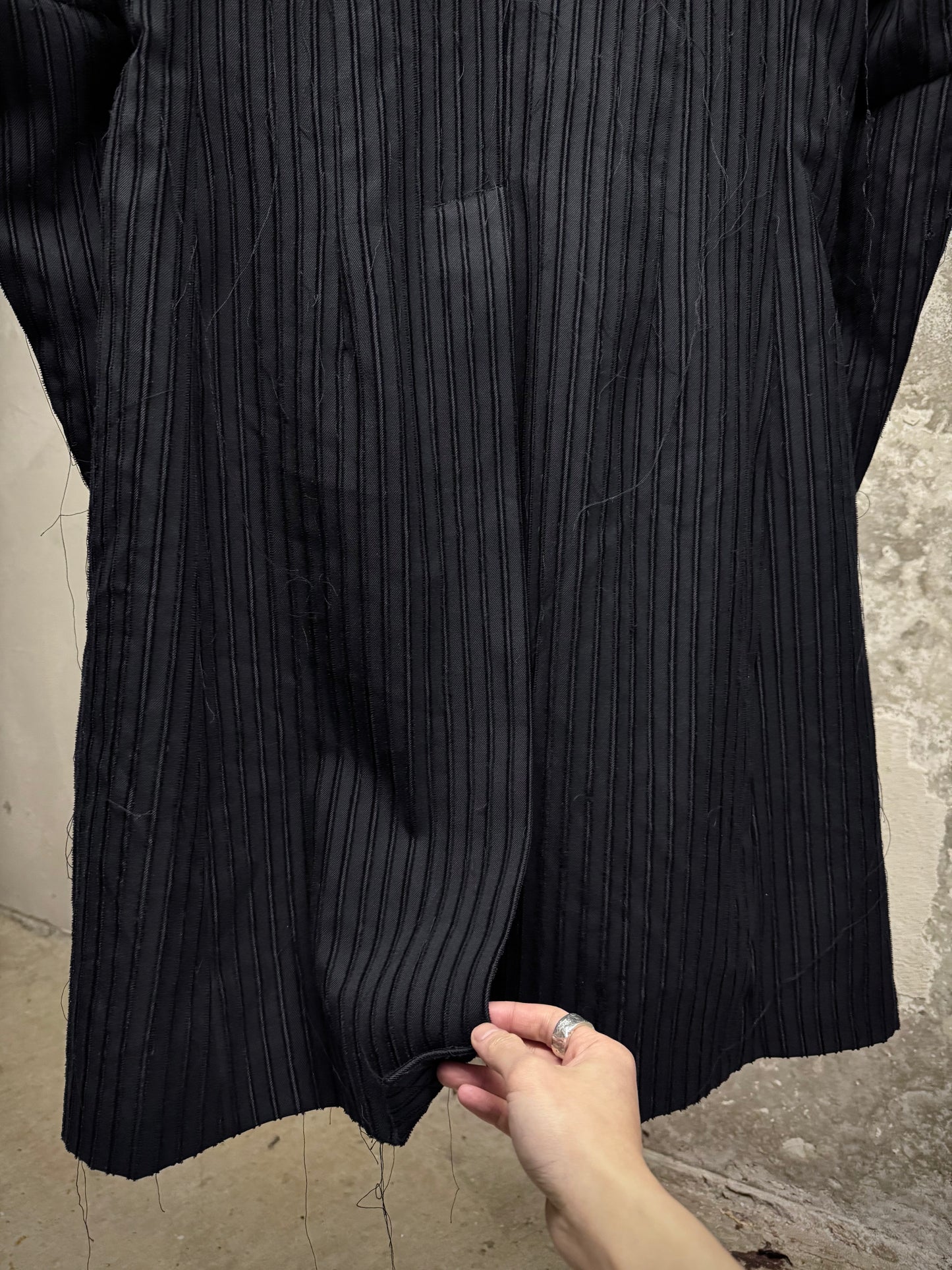 Masnada Frayed Pinstripe Peak Lapel Long Coat detail | DRIEW GARMENTS
