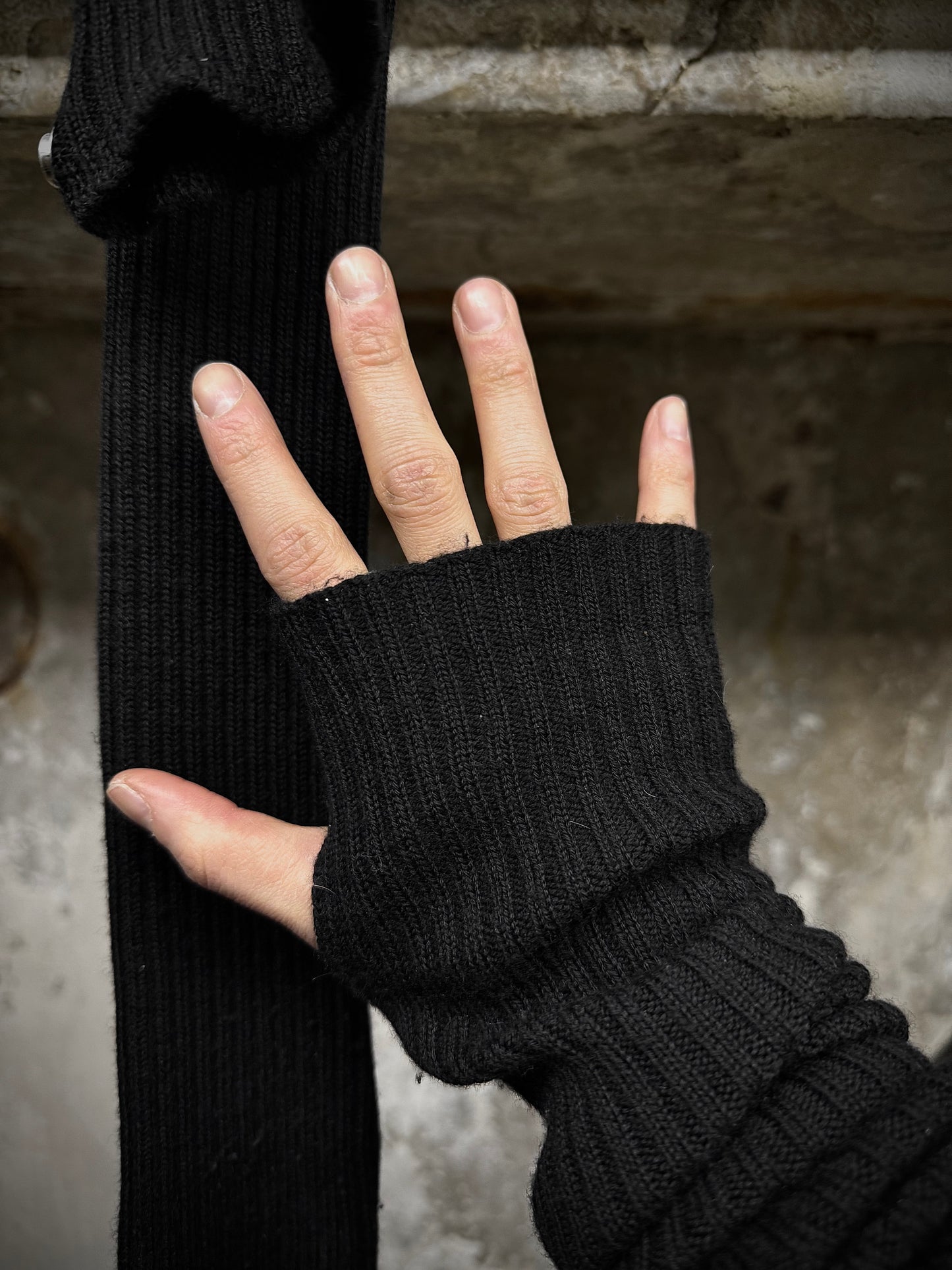 Rick Owens AW25 "CONCORDIANS" Virgin Wool Rib Knit Arm Warmers detail | DRIEW GARMENTS