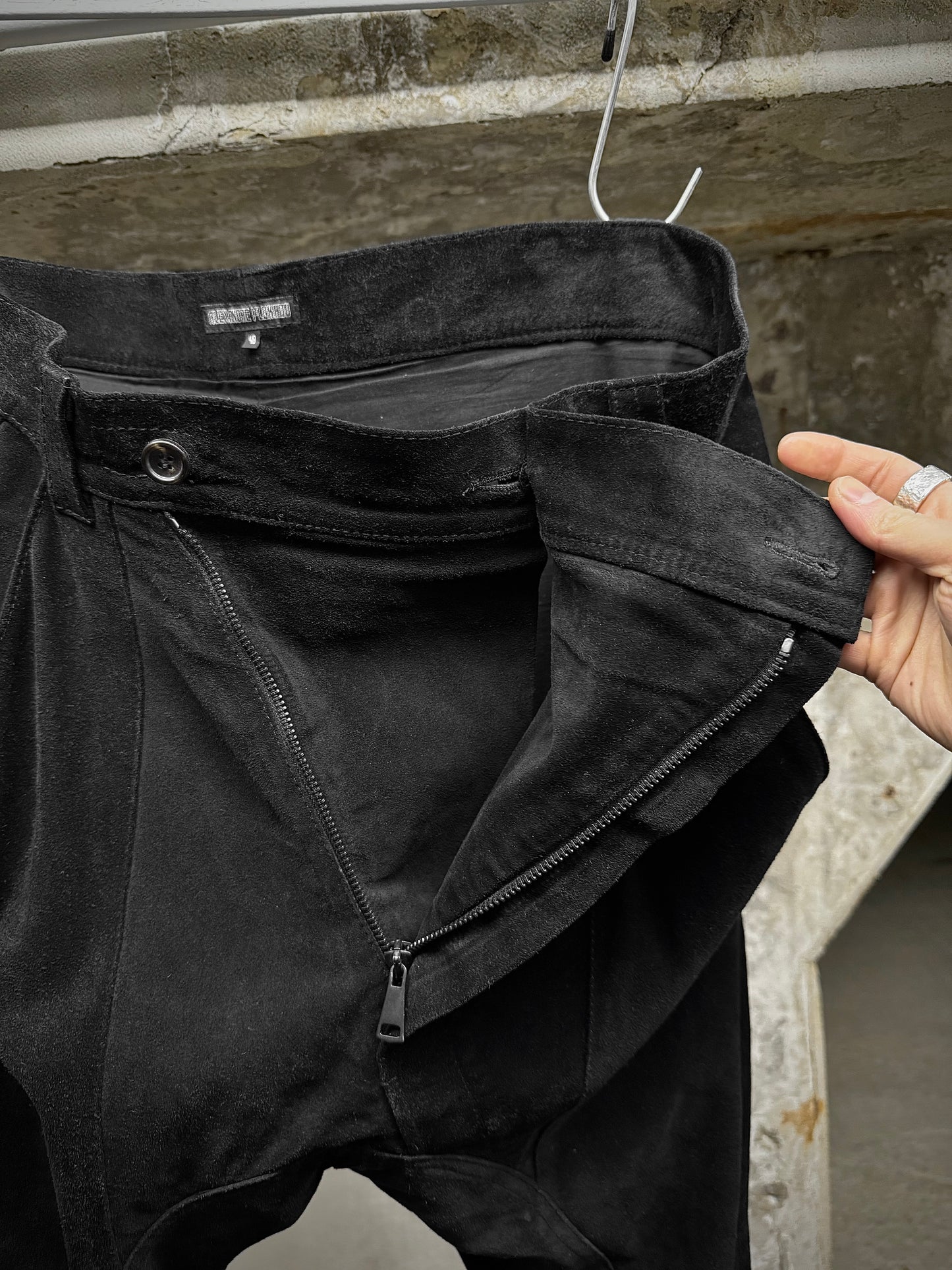 Alexandre Plokhov 2010s Asymmetrical Drop-crotch Suede Lambskin Leather Pants detail | DRIEW GARMENTS