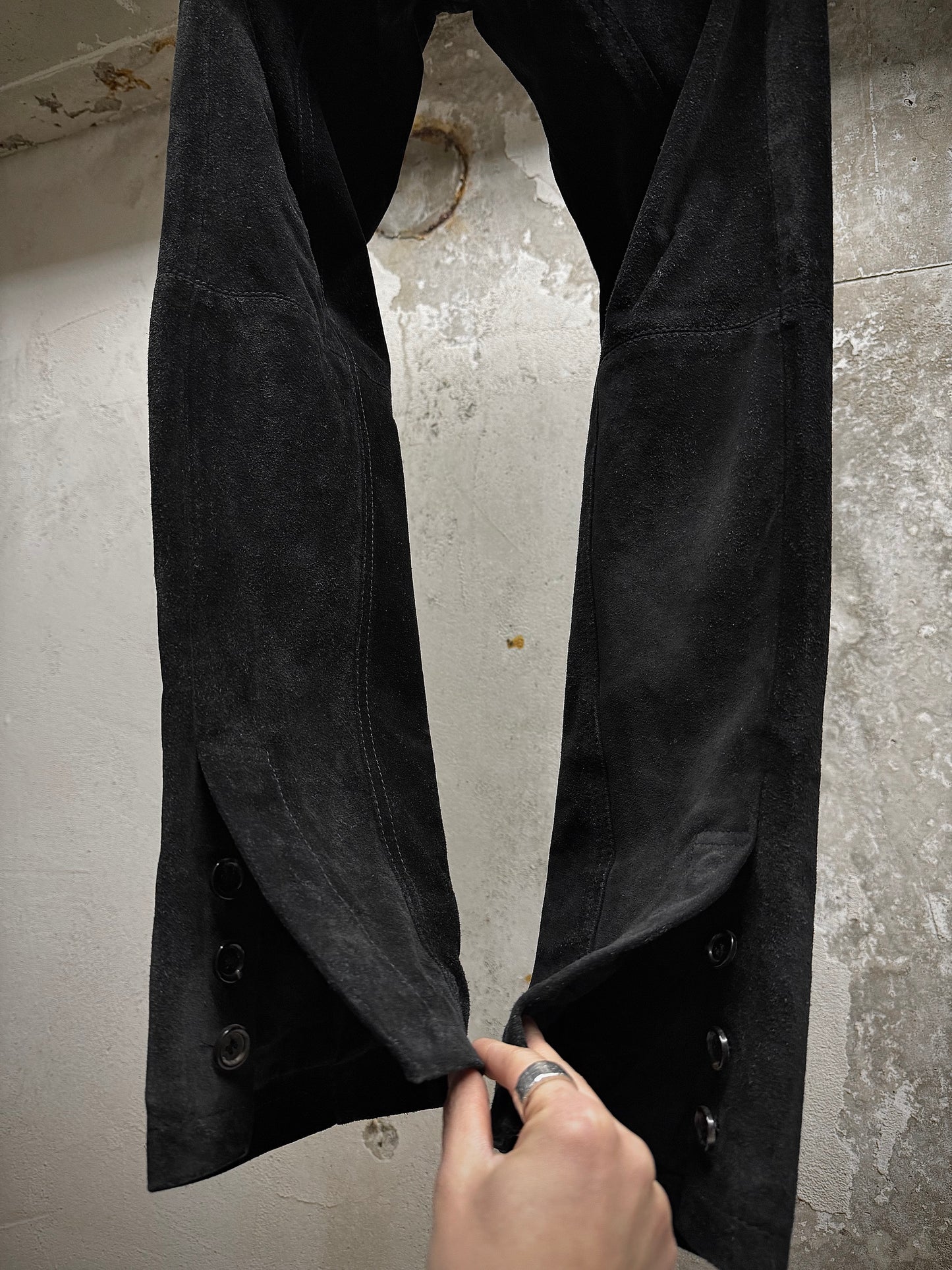 Alexandre Plokhov 2010s Asymmetrical Drop-crotch Suede Lambskin Leather Pants detail | DRIEW GARMENTS