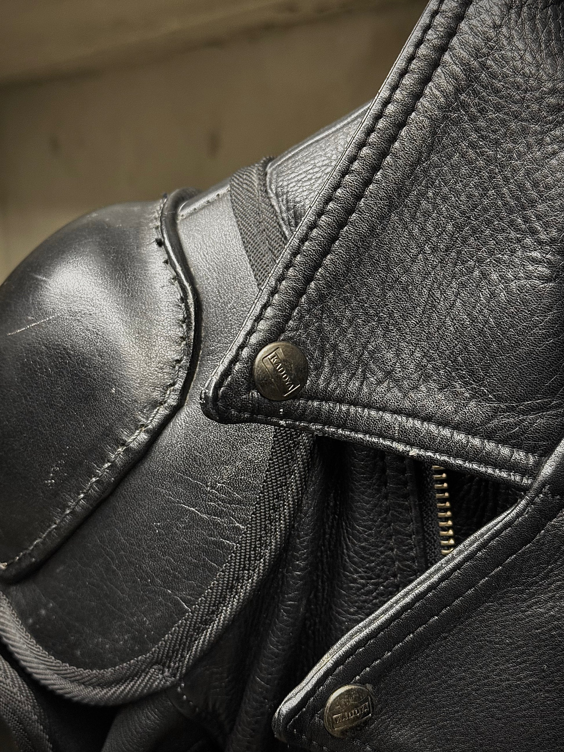 KADOYA Early 00s Shinya Replica "BATTLE-SUIT" Padded Cow Leather Perfecto Motorcycle Jacket detail | DRIEW GARMENTS