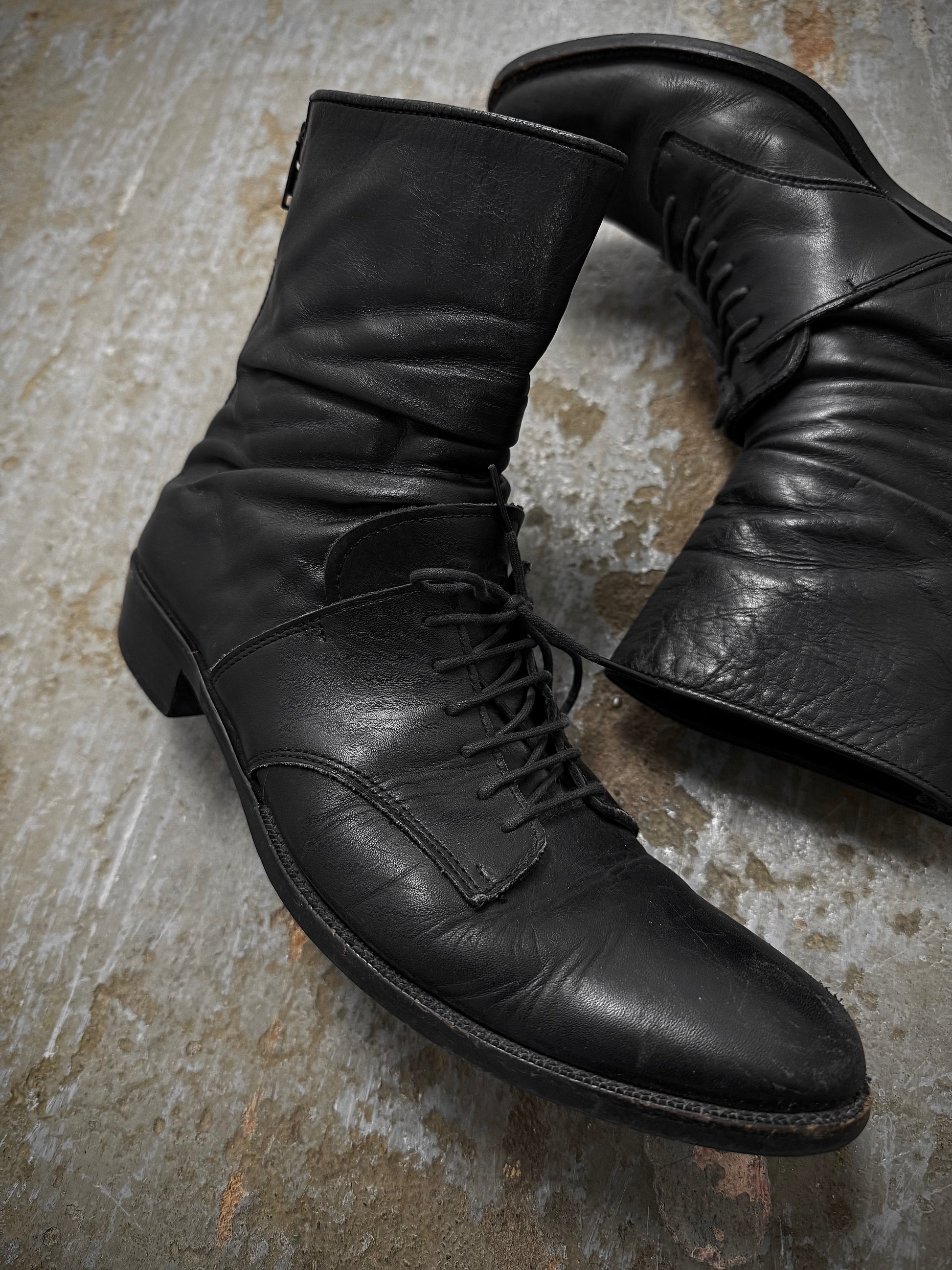 Yohji Yamamoto Y's by Yohji Yamamoto SS09 Lace-Up Back Zip Hybrid Calf Leather Boots detail | DRIEW GARMENTS