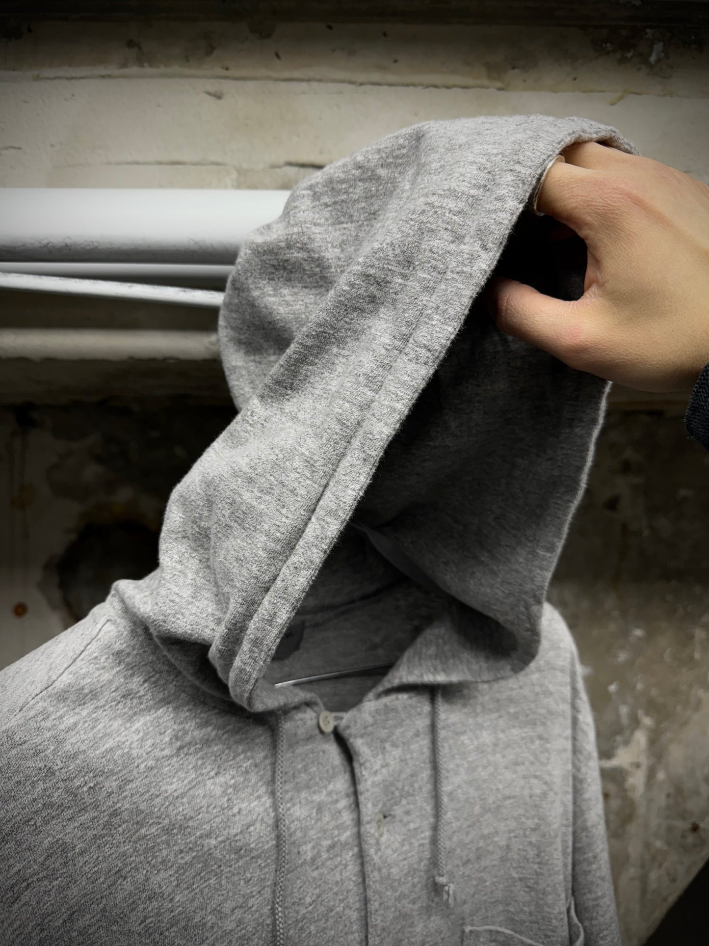 Yohji Yamamoto POUR HOMME 2010s Grey Hooded Henley T-shirt detail | DRIEW GARMENTS