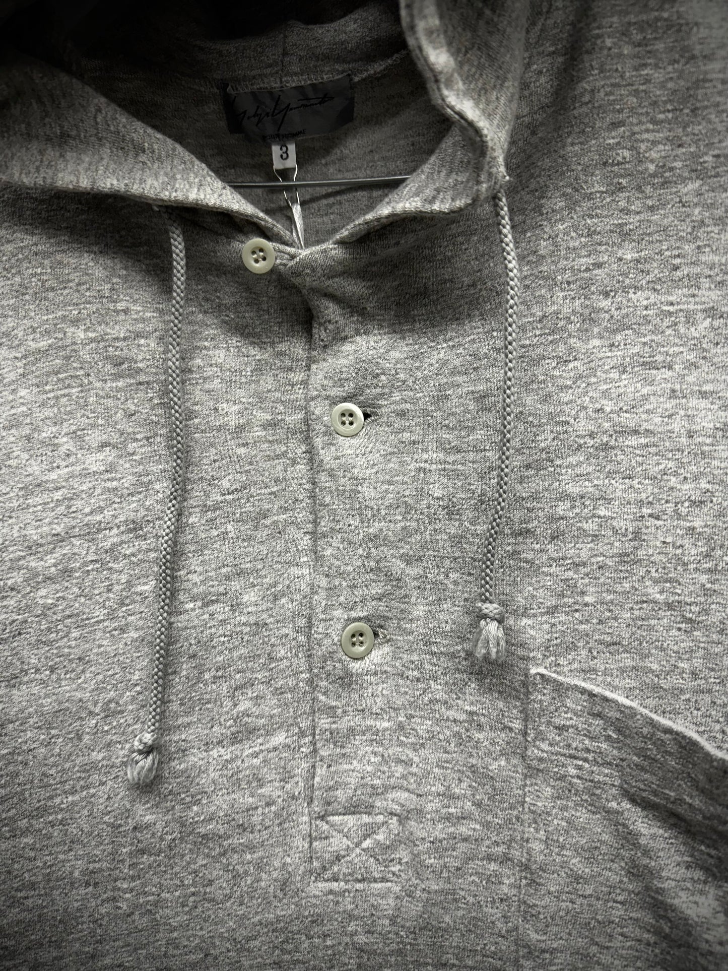 Yohji Yamamoto POUR HOMME 2010s Grey Hooded Henley T-shirt detail | DRIEW GARMENTS