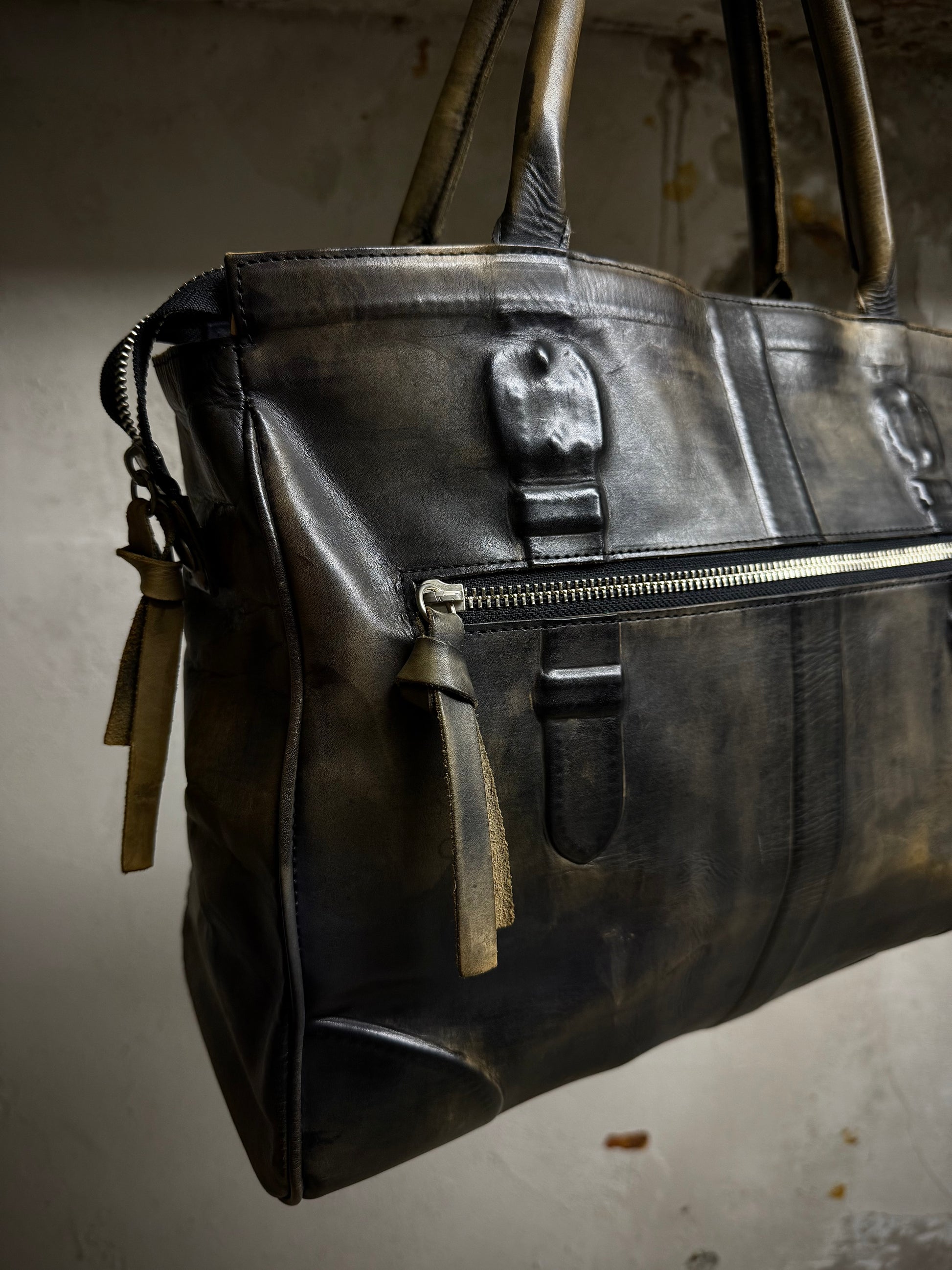 Mihara Yasuhiro AW11 'Aburidashi' Embossed Patina Mustard Kip Leather Briefcase detail | DRIEW GARMENTS