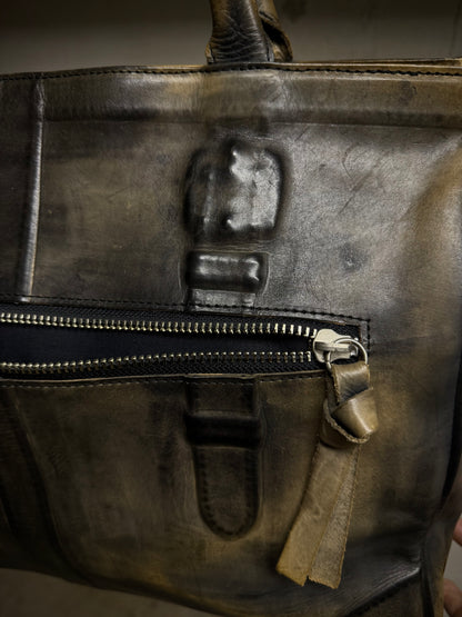 Mihara Yasuhiro AW11 'Aburidashi' Embossed Patina Mustard Kip Leather Briefcase detail | DRIEW GARMENTS