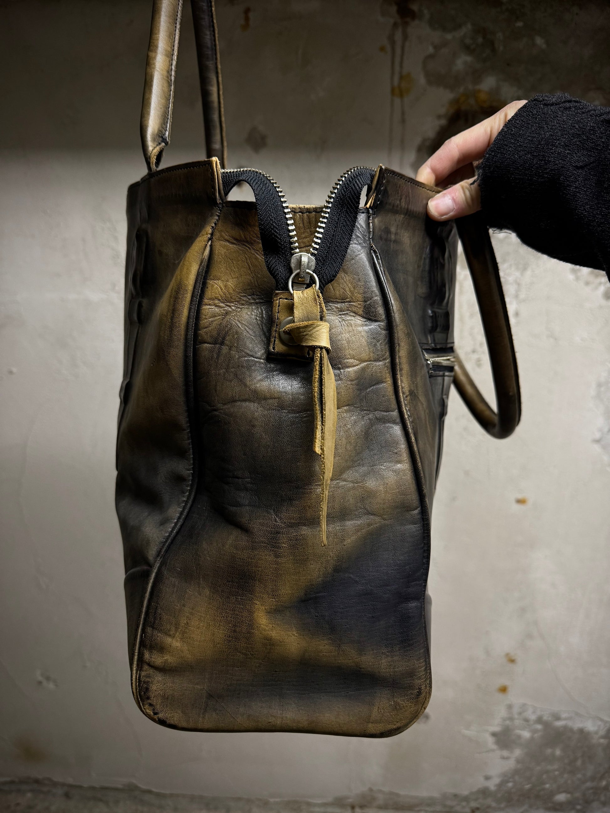 Mihara Yasuhiro AW11 'Aburidashi' Embossed Patina Mustard Kip Leather Briefcase detail | DRIEW GARMENTS