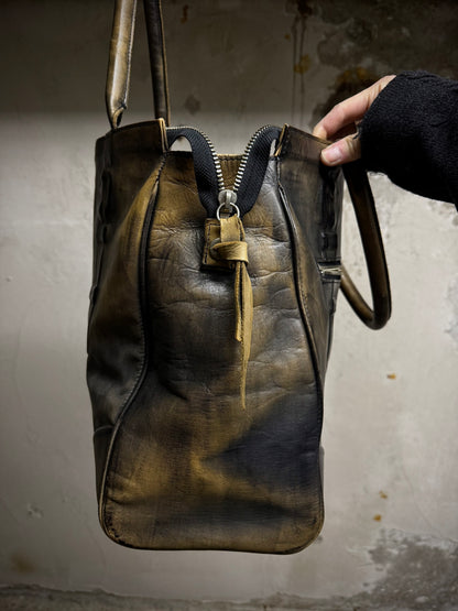 Mihara Yasuhiro AW11 'Aburidashi' Embossed Patina Mustard Kip Leather Briefcase detail | DRIEW GARMENTS
