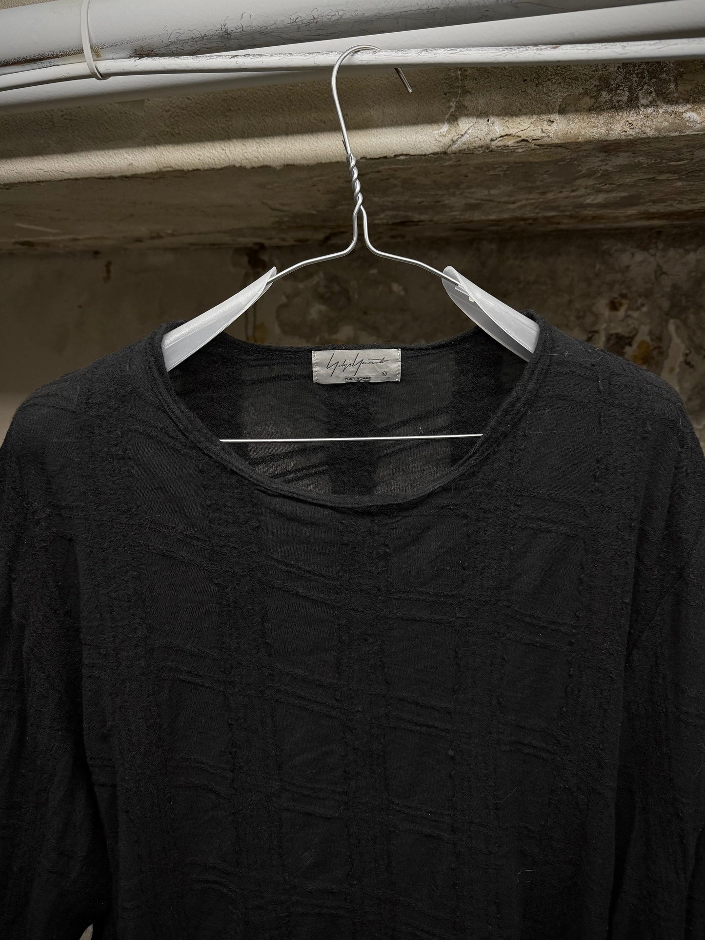 Yohji Yamamoto POUR HOMME AW17 Semi-Sheer Cotton Wool Crosshatch Long-sleeves detail | DRIEW GARMENTS