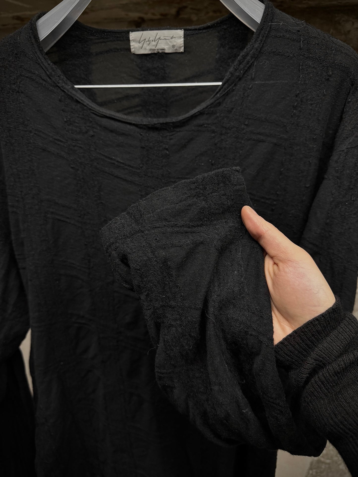 Yohji Yamamoto POUR HOMME AW17 Semi-Sheer Cotton Wool Crosshatch Long-sleeves detail | DRIEW GARMENTS