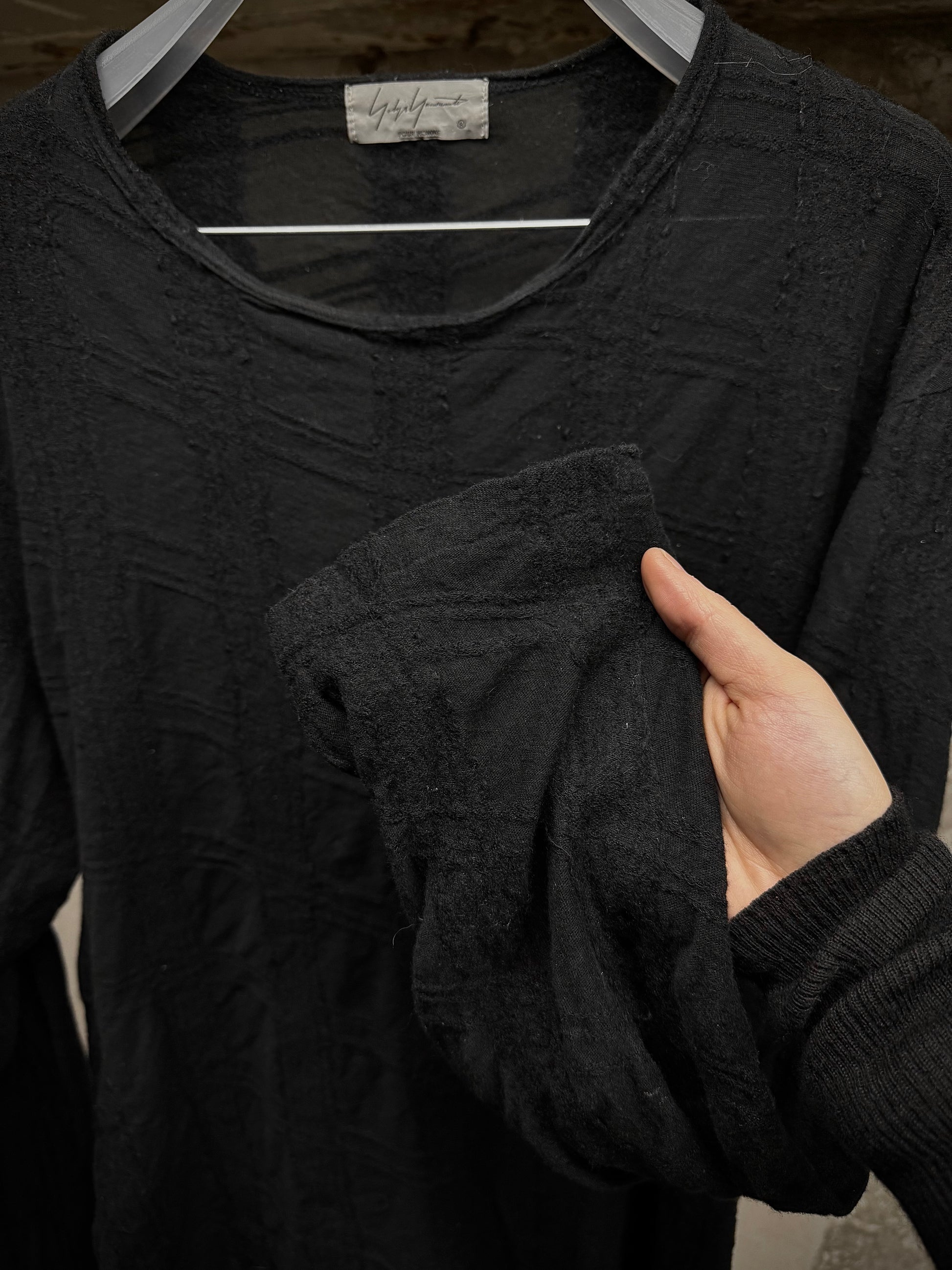 Yohji Yamamoto POUR HOMME AW17 Semi-Sheer Cotton Wool Crosshatch Long-sleeves detail | DRIEW GARMENTS