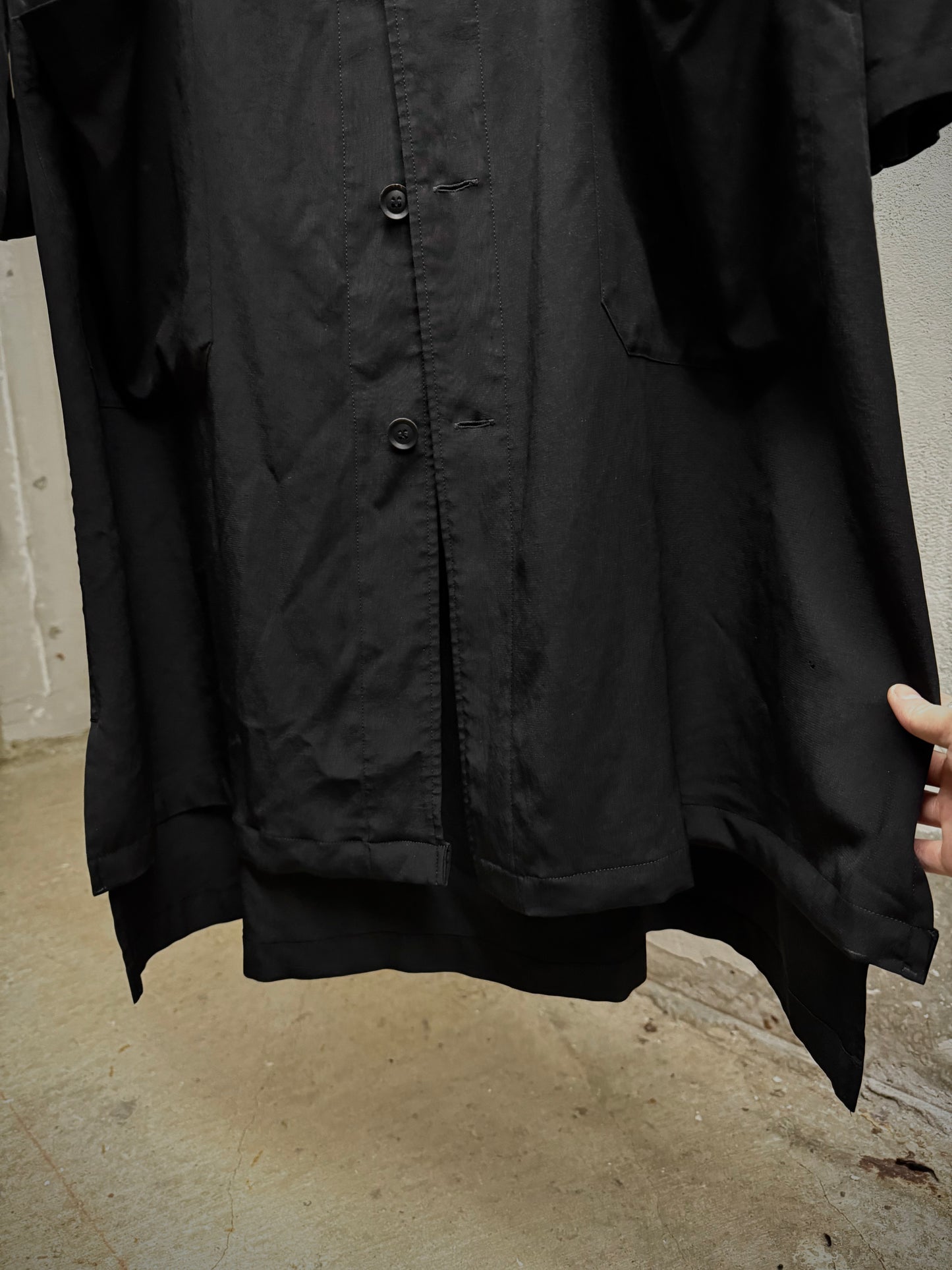 Yohji Yamamoto POUR HOMME SS24 Triacetate Poly Tuxedo Oversized Long Coat detail | DRIEW GARMENTS