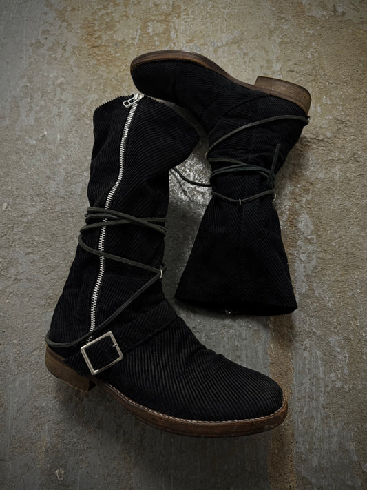 Undercover AW05 “Arts & Crafts” Corduroy Drawstring Side Zip Engineer Boots | Archive Fashion Toronto