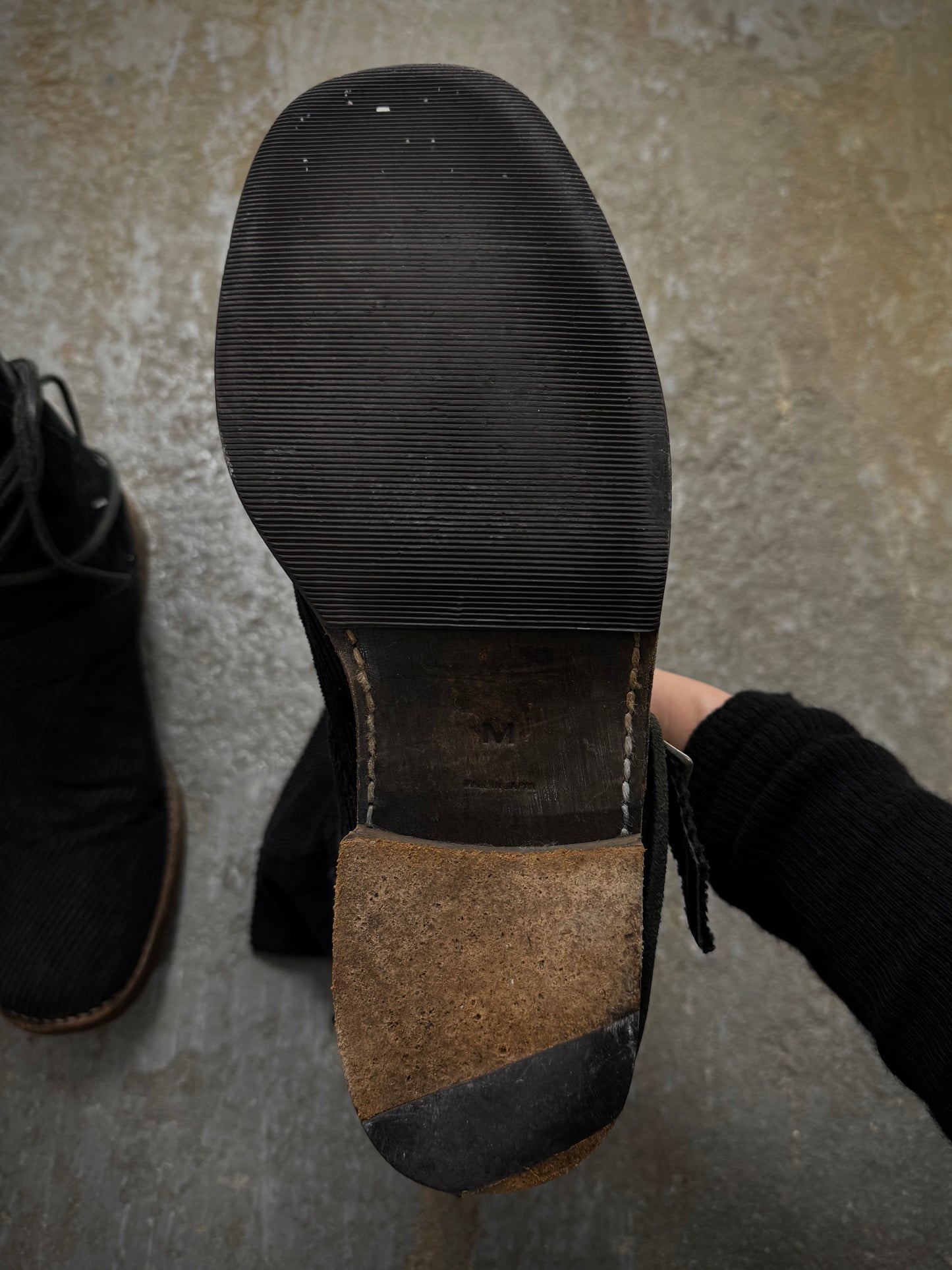 Undercover AW05 “Arts & Crafts” Corduroy Drawstring Side Zip Engineer Boots detail | DRIEW GARMENTS