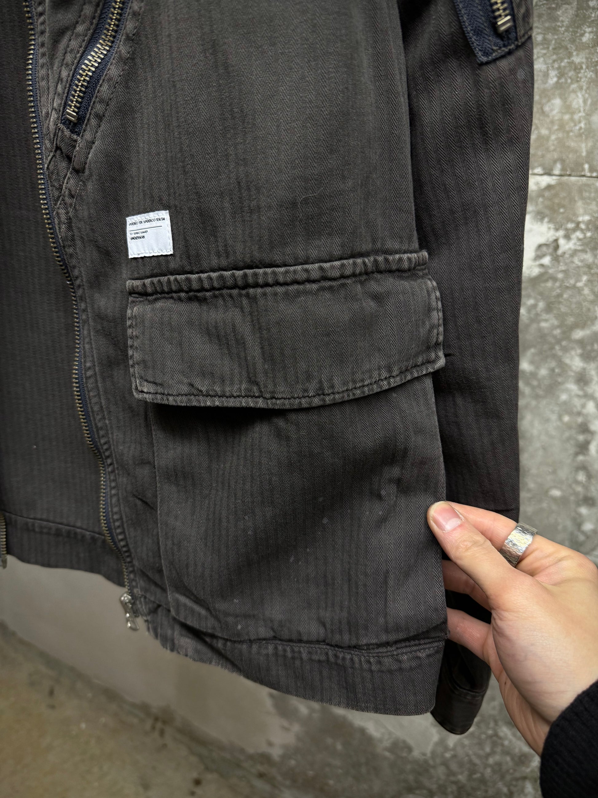 Undercover SS11 "UNDERMAN" Light Grey Herringbone Military Shirt Jacket detail | DRIEW GARMENTS