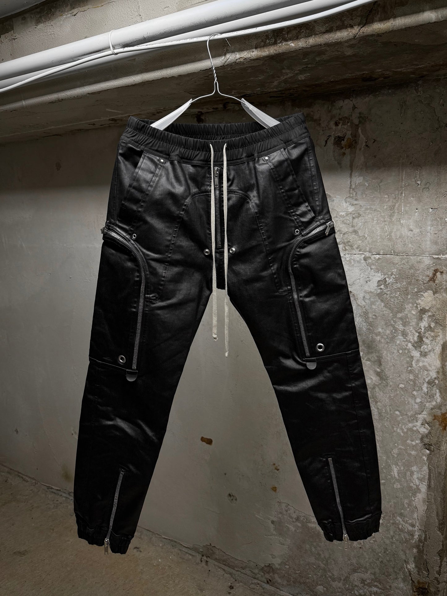 Rick Owens SS24 "LIDO" Coated Linen Bauhaus Zip Cargo Pants