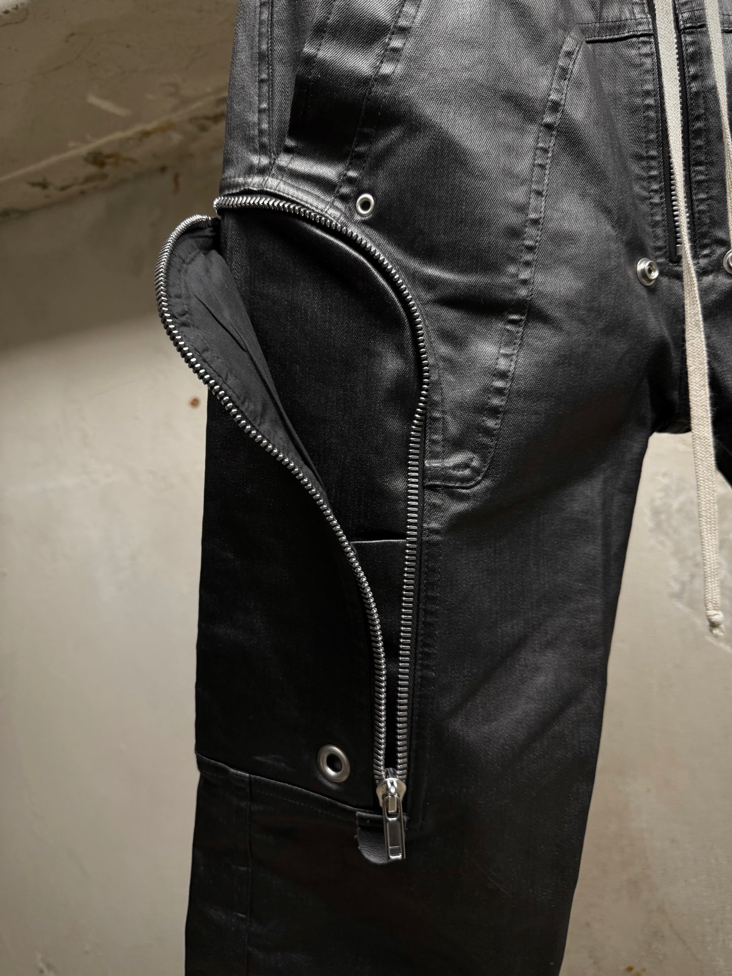 Rick Owens SS24 "LIDO" Coated Linen Bauhaus Zip Cargo Pants