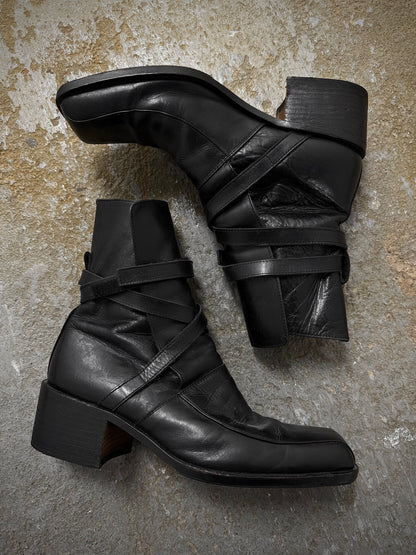 alfredoBANNISTER 00s Chunky Heel Velcro Strap Calf Leather Boots