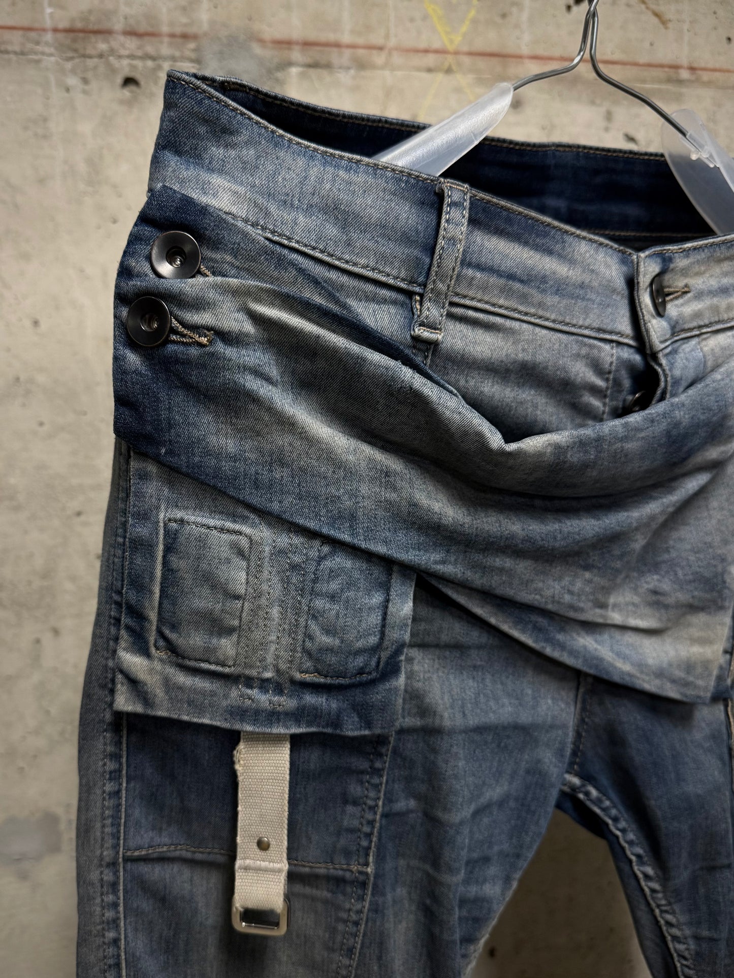 Rick Owens DRKSHDW SS19 "BABEL" HUSTLER 'Memphis Cut' Cargo Skinny Denim