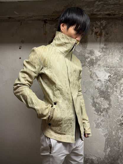 Isaac Sellam: “Experience” Pale Yellow Overlock High Neck Metal Spine Lambskin Leather Jacket