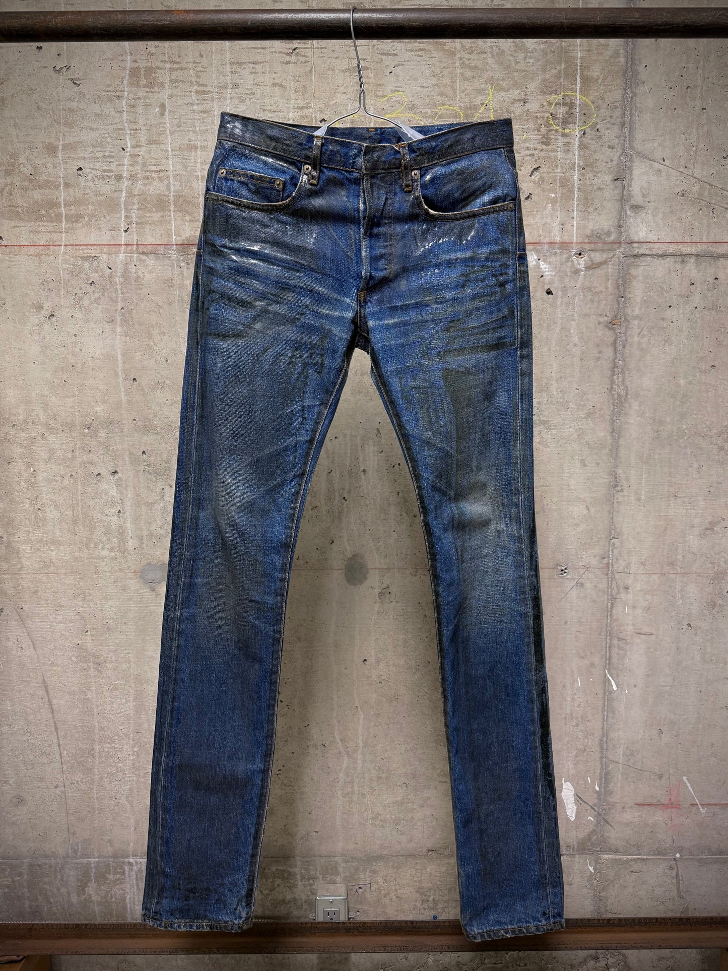 DIOR HOMME by Hedi Slimane AW07 “NAVIGATE” 'Luster' Green Vinyl Wax Coated Skinny Blue Denim
