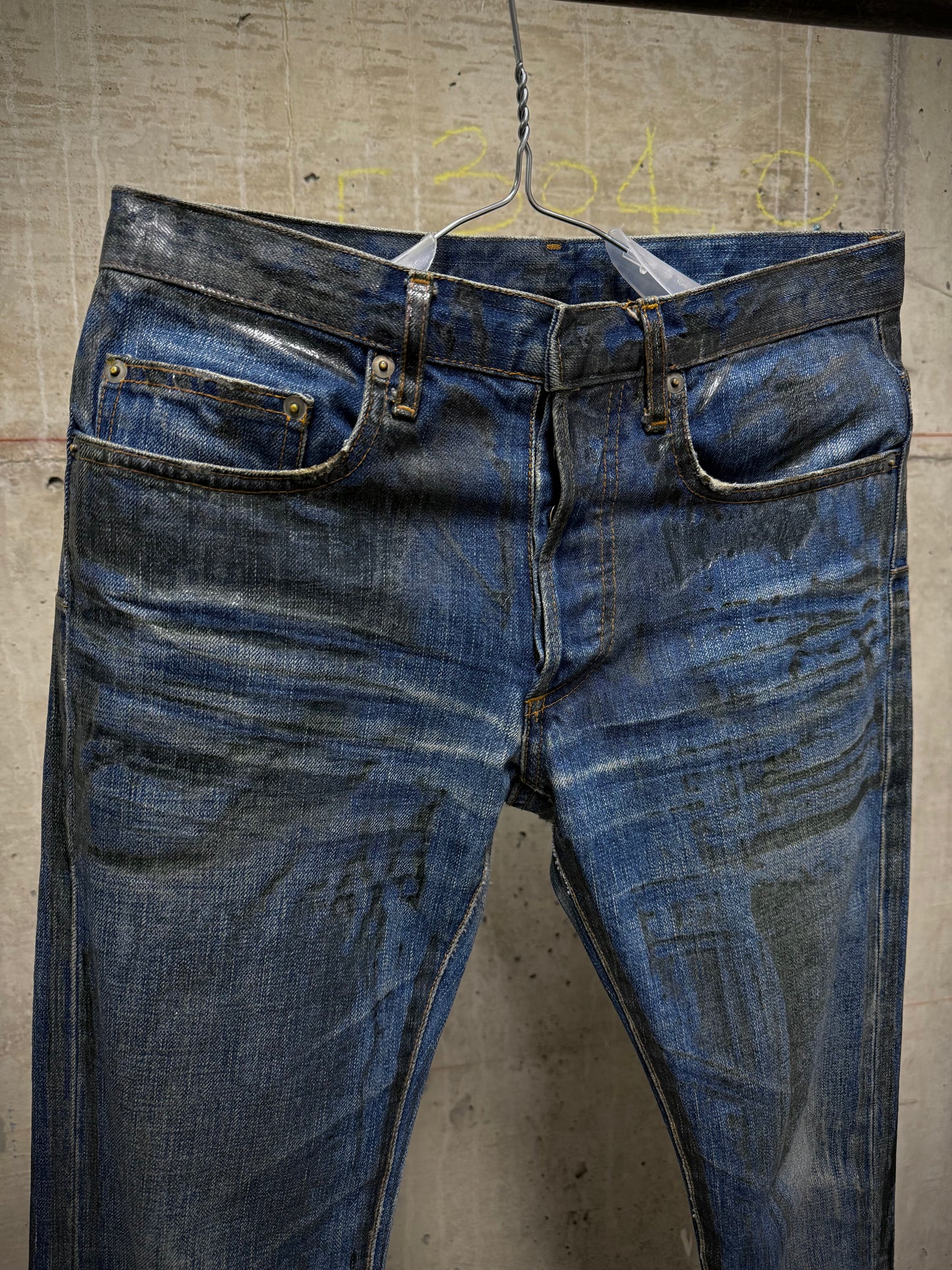 DIOR HOMME by Hedi Slimane AW07 “NAVIGATE” 'Luster' Green Vinyl Wax Coated Skinny Blue Denim