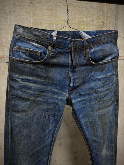 DIOR HOMME by Hedi Slimane AW07 “NAVIGATE” 'Luster' Green Vinyl Wax Coated Skinny Blue Denim
