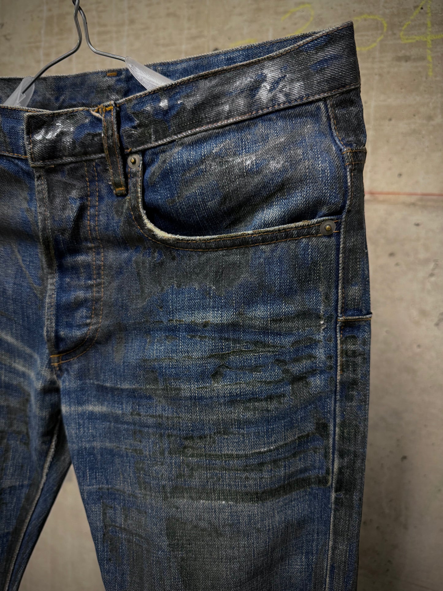 DIOR HOMME by Hedi Slimane AW07 “NAVIGATE” 'Luster' Green Vinyl Wax Coated Skinny Blue Denim