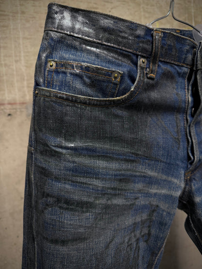 DIOR HOMME by Hedi Slimane AW07 “NAVIGATE” 'Luster' Green Vinyl Wax Coated Skinny Blue Denim