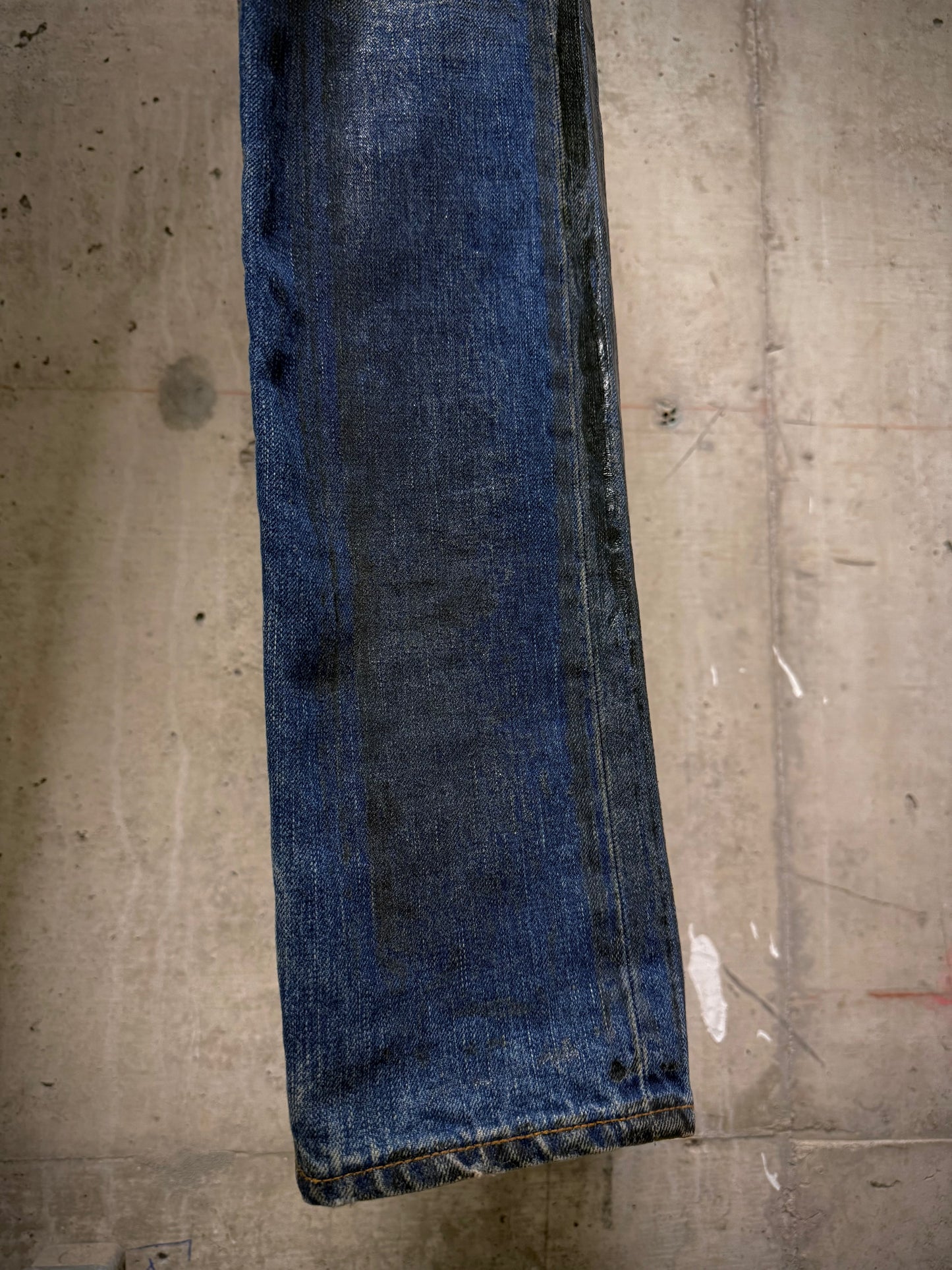DIOR HOMME by Hedi Slimane AW07 “NAVIGATE” 'Luster' Green Vinyl Wax Coated Skinny Blue Denim