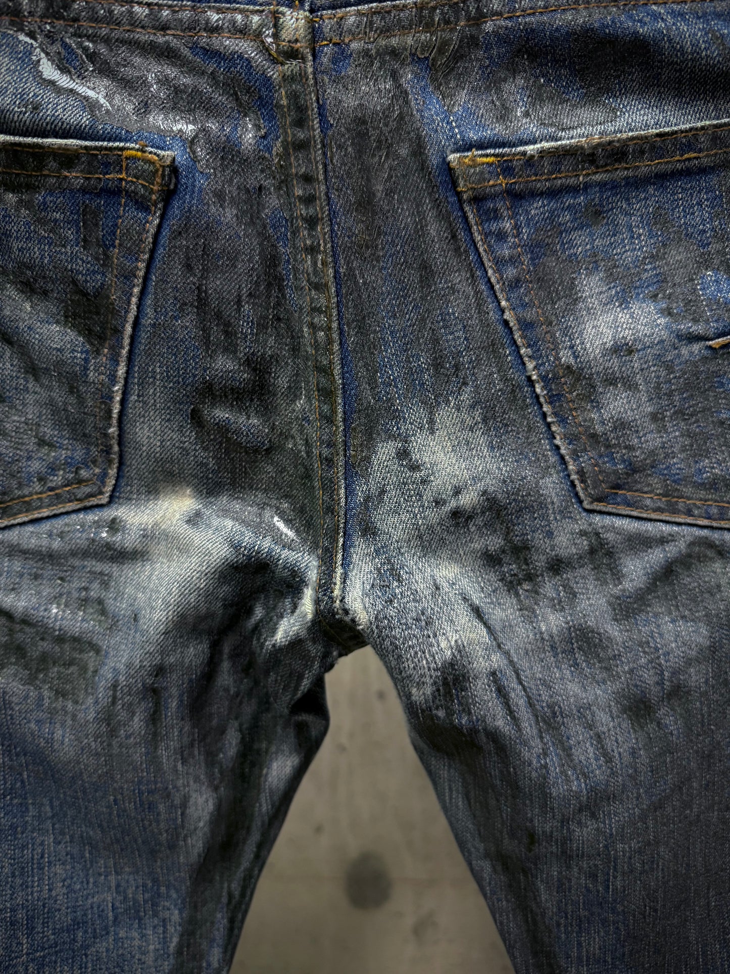 DIOR HOMME by Hedi Slimane AW07 “NAVIGATE” 'Luster' Green Vinyl Wax Coated Skinny Blue Denim