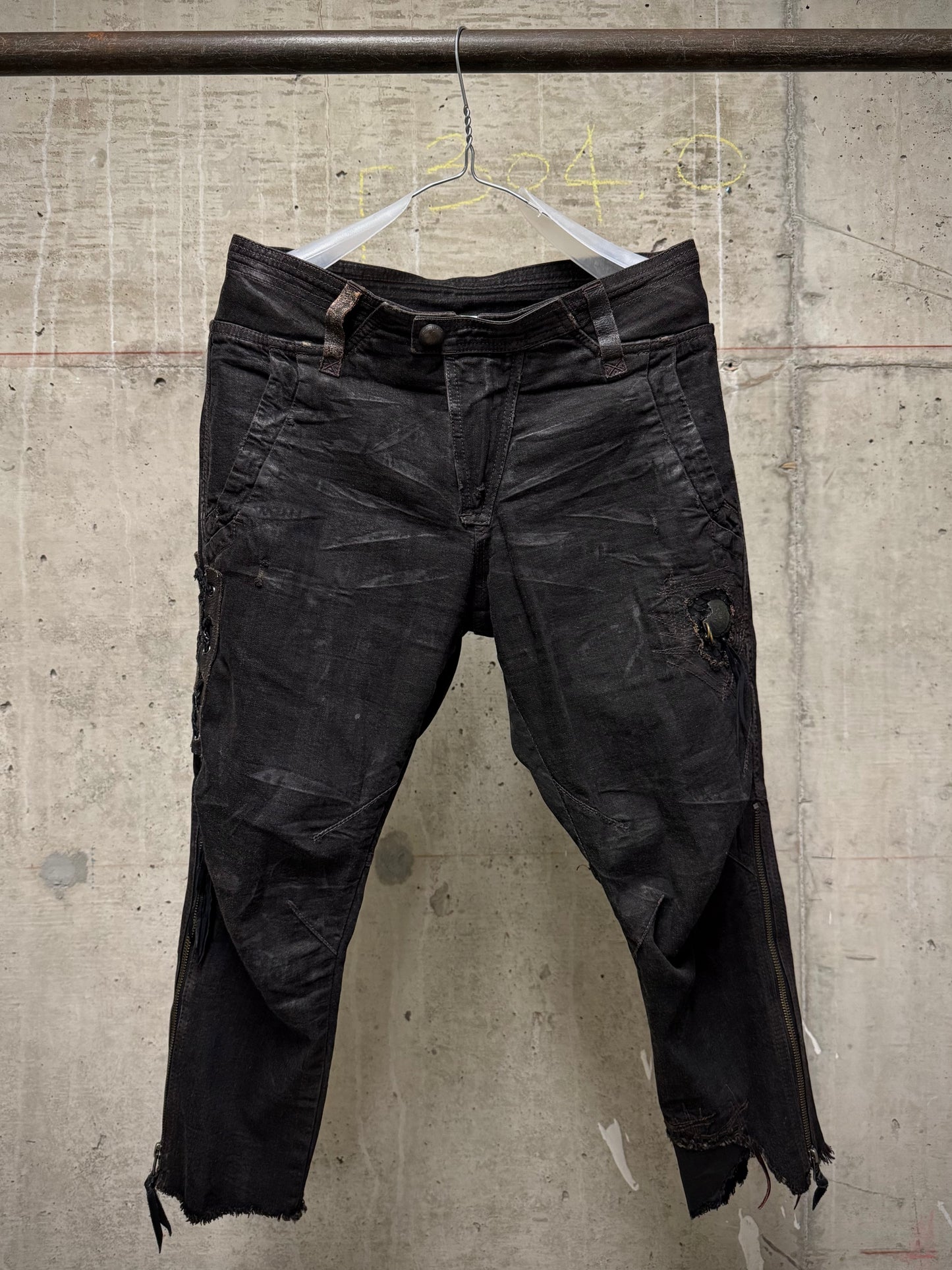 14thAddiction Early 00s Distressed Leather Patchwork Denim Capris